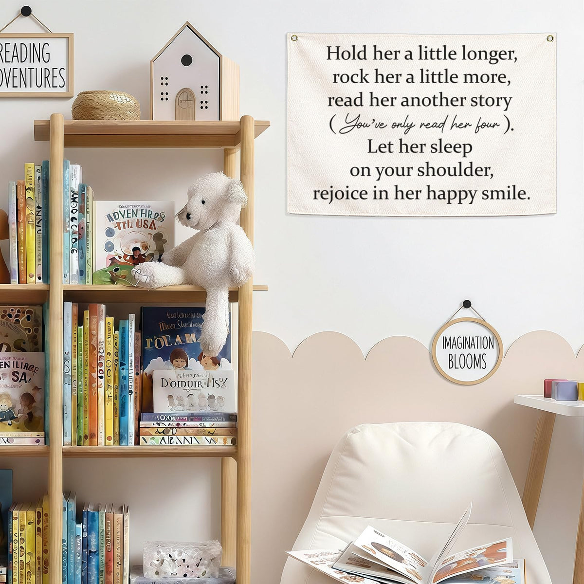 Girls Nursery Canvas Rectangular Banner-Hanging Flag Wall Decoration for Baby Girls Kids,Playroom Bedroom Dorm Decor,Baby Shower Christmas Gift-Hold Her A Little Longer 28.5"L×20"W
