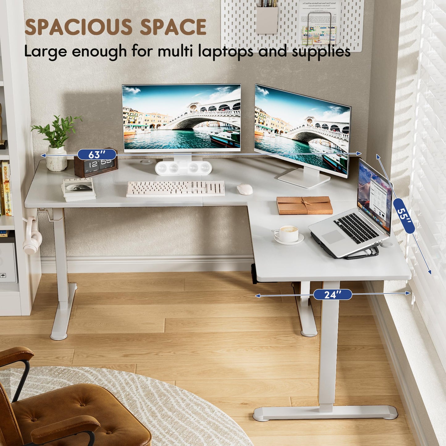 Furmax 63 x 55 Inch L Shaped Standing Desk with 2 Preset Heights, Electric Height Adjustable Computer Table, 2 Hooks & Feet Balance, Corner Sit Stand Desk for Home Office (White, 63 x 55 Inch)