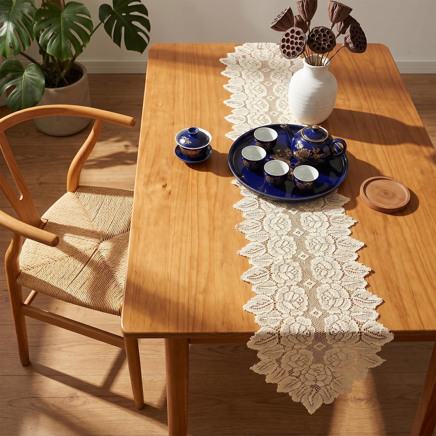 Lace Table Runner Doilies Small Oval Beige Dresser Scarf Handmade Crochet Placemats Dresser Cover Top for Bedrooms Furniture Living Room Dining Decor(46.46 x 12.6 Inch)