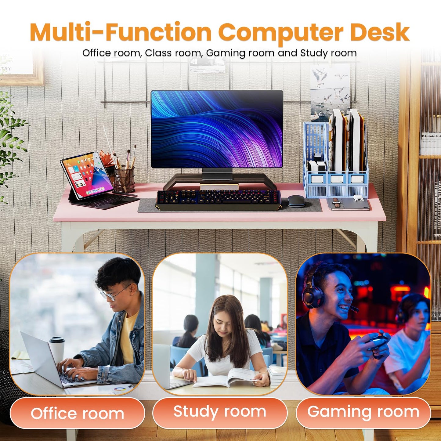 PayLessHere | 39 Inch Computer Desk | Pink | Office Desk with Metal Frame, Adjustable Feet | Water-Resistant, Scratchproof Surface | Sturdy Writing Table for Home Office or Study | Pack of 1