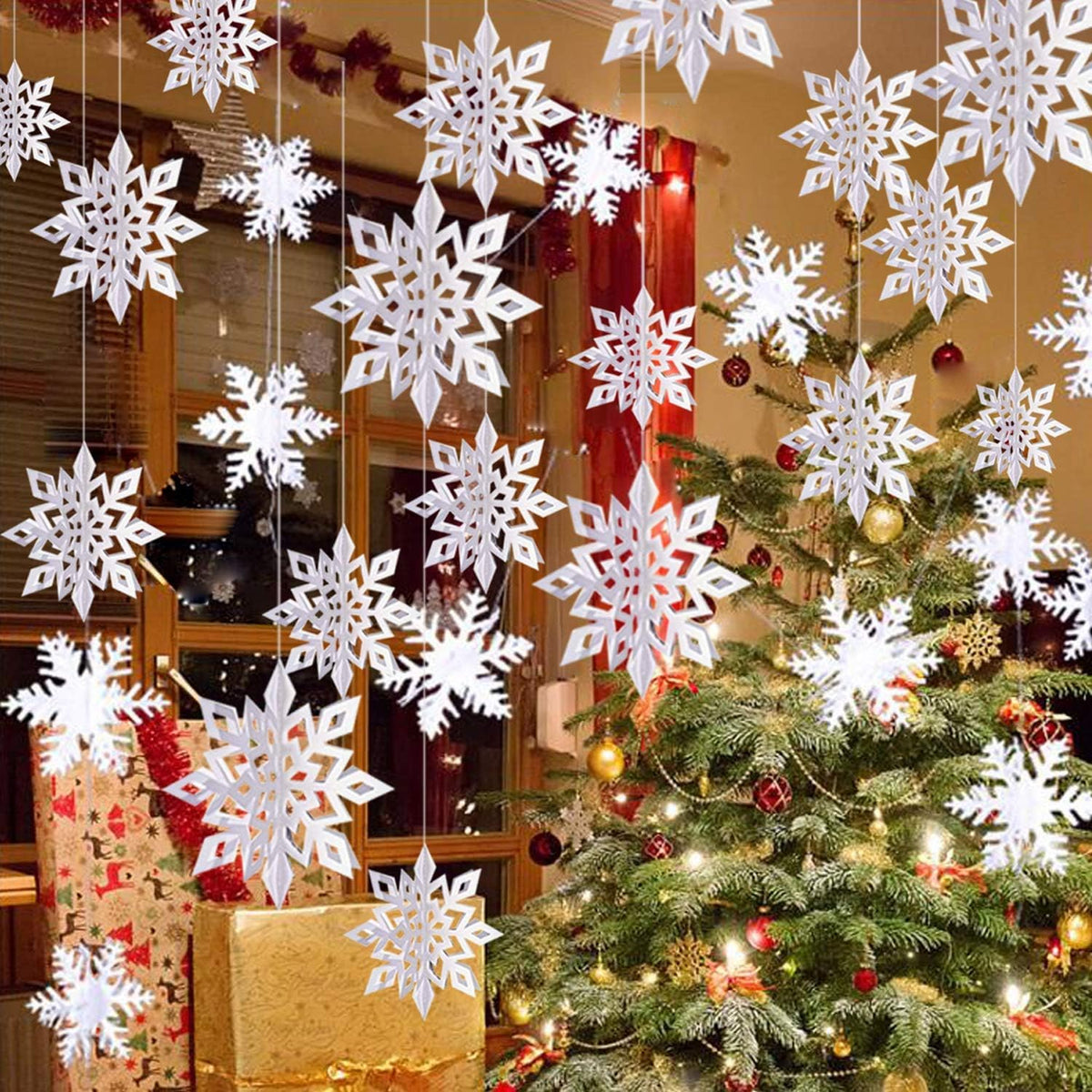 CNUSER 24Pcs Winter Wonderland Snowflakes Party Decorations 3D Card Hanging Paper Centerpieces for/Birthday/Christmastree/New Year/Baby Shower/Wedding Party/Shopwindow Supplies (24PCS White)