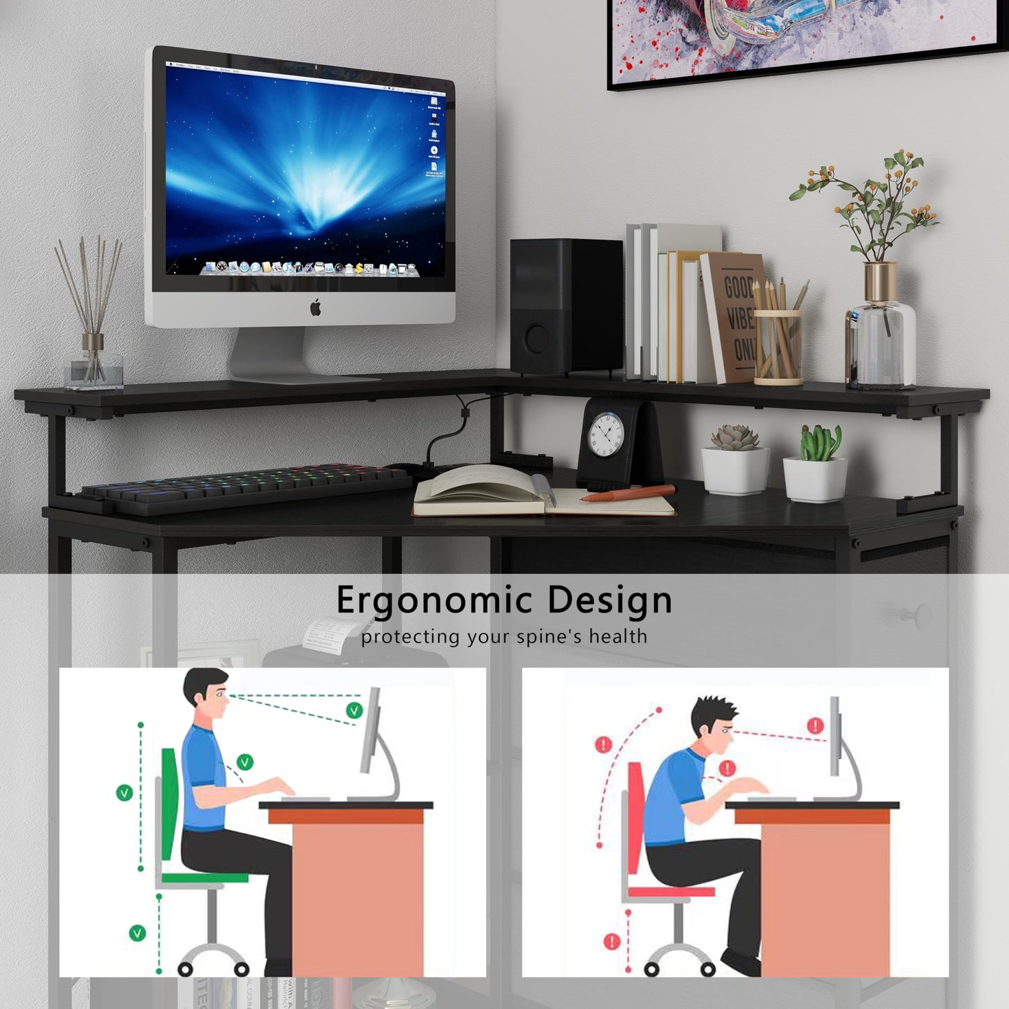 VENNQD Corner Desk with Drawers Shelves for Small Space 90 Degrees Triangle Computer Desk with Power Outlets,Gaming Desk with LED Lights Monitor Stand for Home Office Workstation Writing Table (Black)