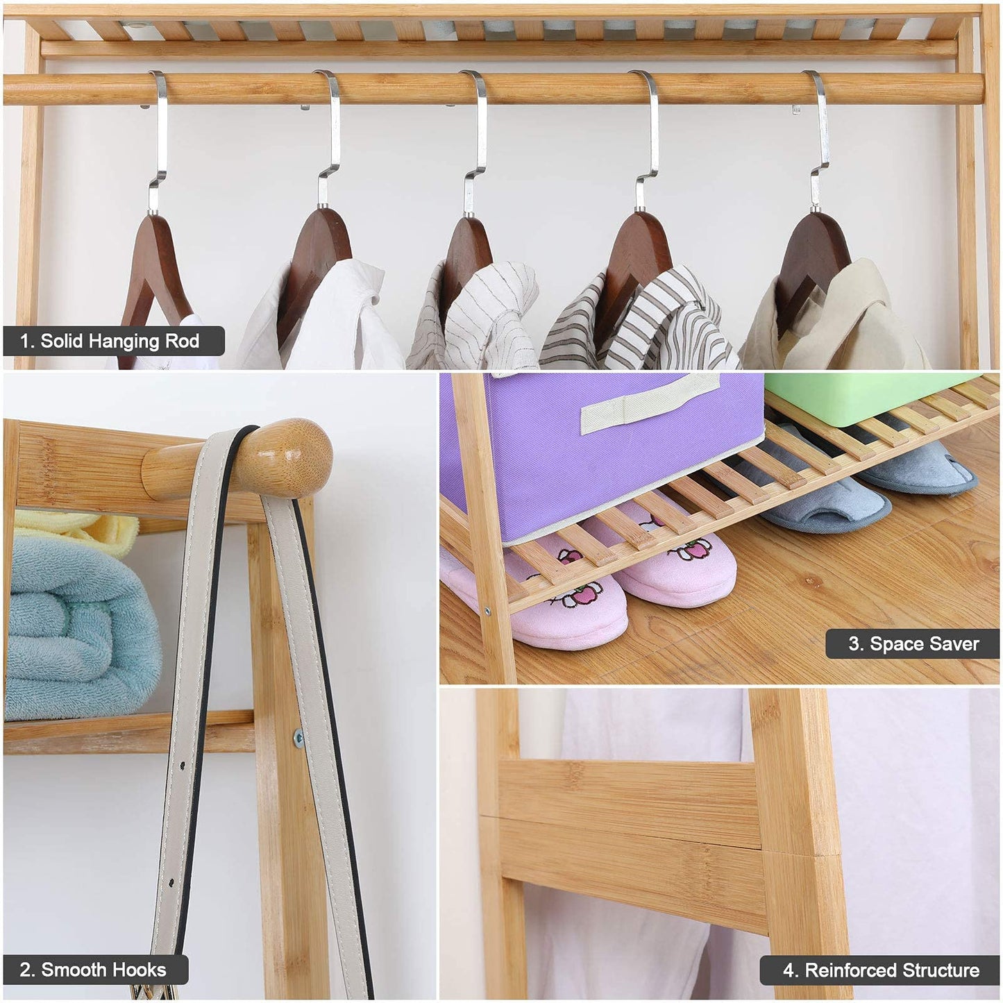Ufine Bamboo Clothes Hanging Rack with 2 Tier Storage Shelves, 2 Coat Hooks