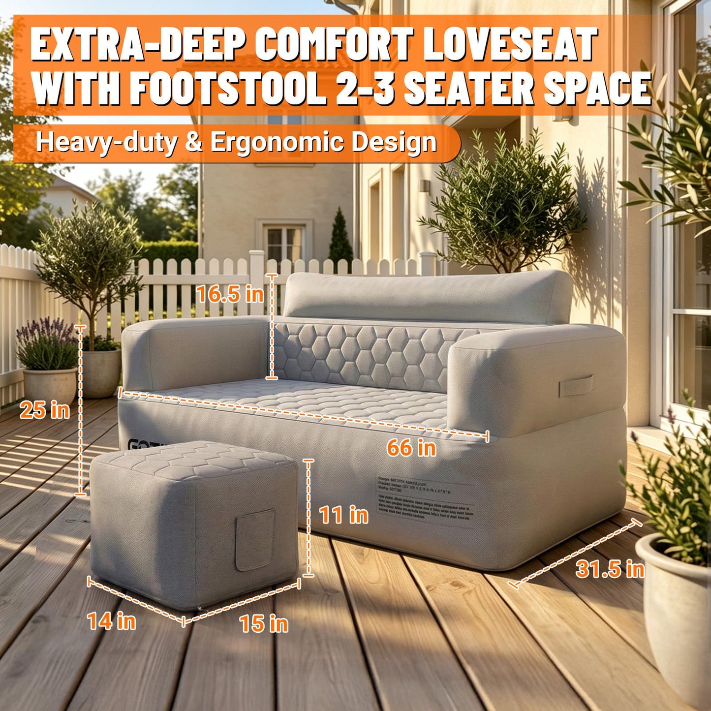 GOTIDY Inflatable Couch Loveseat with Footstool, Camping Couch with Detachable Built-in Pump, Inflatable Sofa with Breathable, Puncture-Resistant Fabric Texture Cover, Camping, Beach, Backyard Party