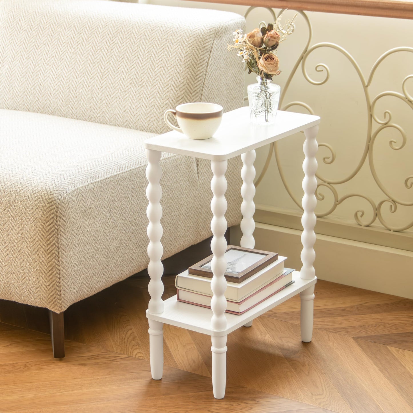 Fultyle Narrow Side Table, Small End Table with 2-Tier Storage, Small Bedside Table Slim Nightstand for Narrow Spaces, Living Room, Bedroom (White)