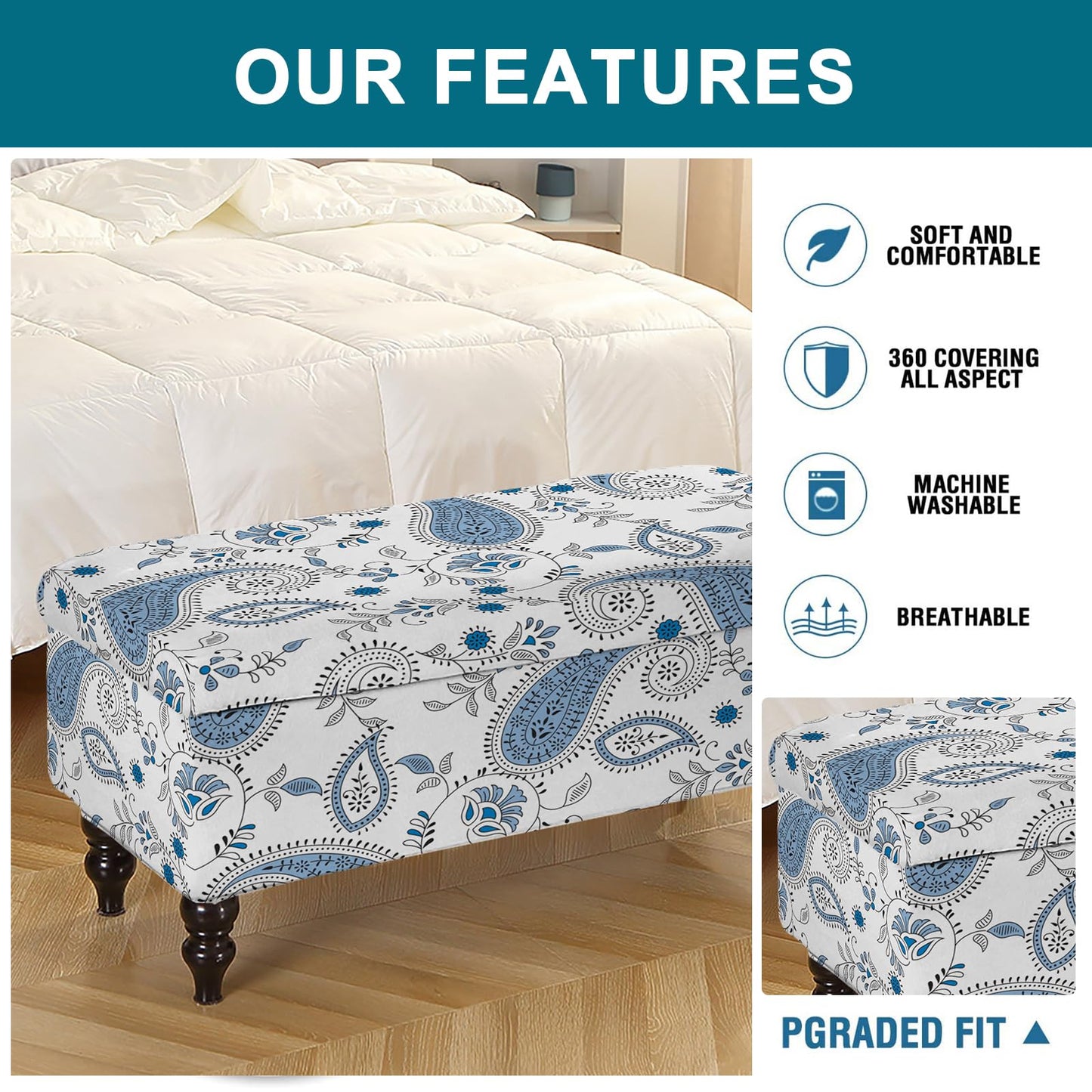 KRFOONN Rectangle Ottoman Covers Stretch Folding Storage Ottoman Bench Cover Printed Storage Footstool Covers Footrest Stool Slipcover Furniture Protector for Living Room Bedroom Bench (Medium, 10)