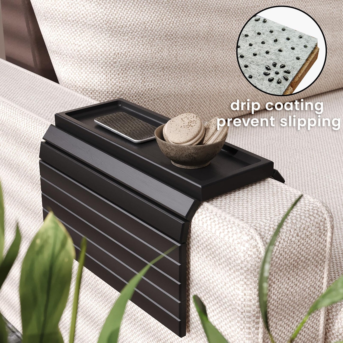 Danfoxer Sofa Arm Tray,Bamboo Folding Couch Arm Tray,Sofa Armrest Trays with Anti-Slip Pad for Drinks,Snacks,Phone,Remote Control（Black）