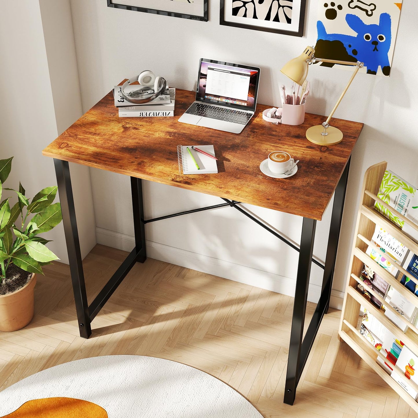 DUMOS 31 Inch Small Computer Desk for Home Office, Modern Study Writing Gaming Work Table Simple Style for Bedroom with X-Shaped ReInchforcement, Rustic Brown
