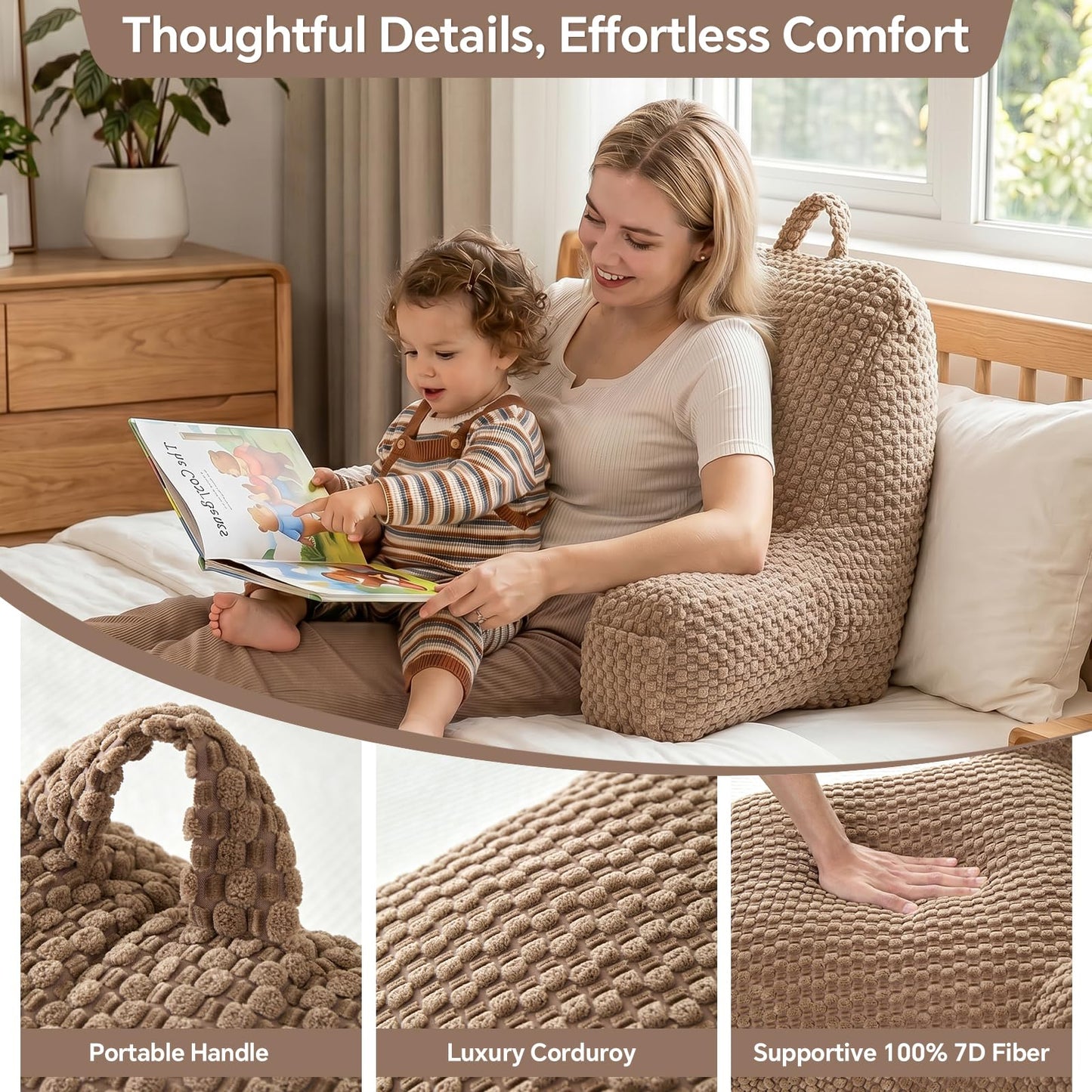 19" Back Support Pillow for Dorm Room Essentials,Khaki Corduroy,Large