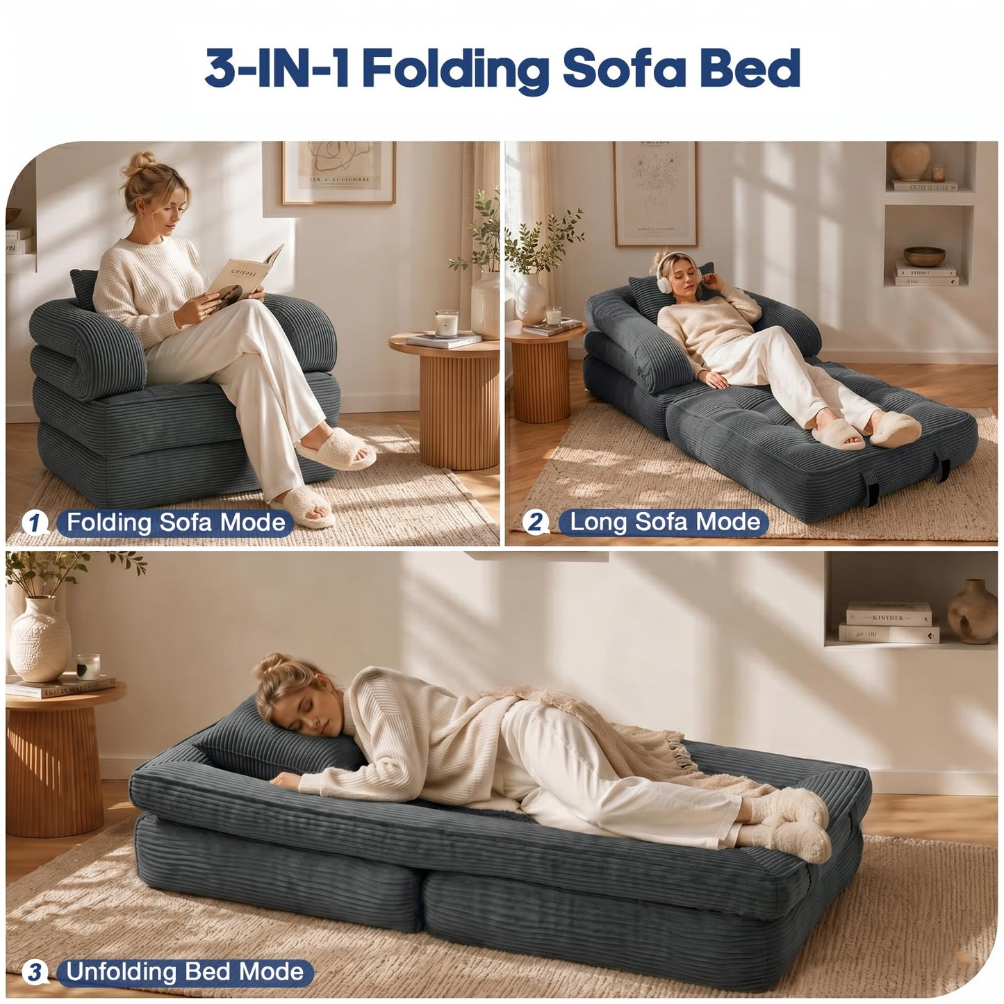 COTOSOF Folding Sofa Bed, Convertible Sleeper Chair with Armrests for Adults, Foldable Corduroy Boneless Bed, 3-in-1 Portable Futon Couch Floor Sofa with Pillow for Bedroom, Living Room, Dark Gray
