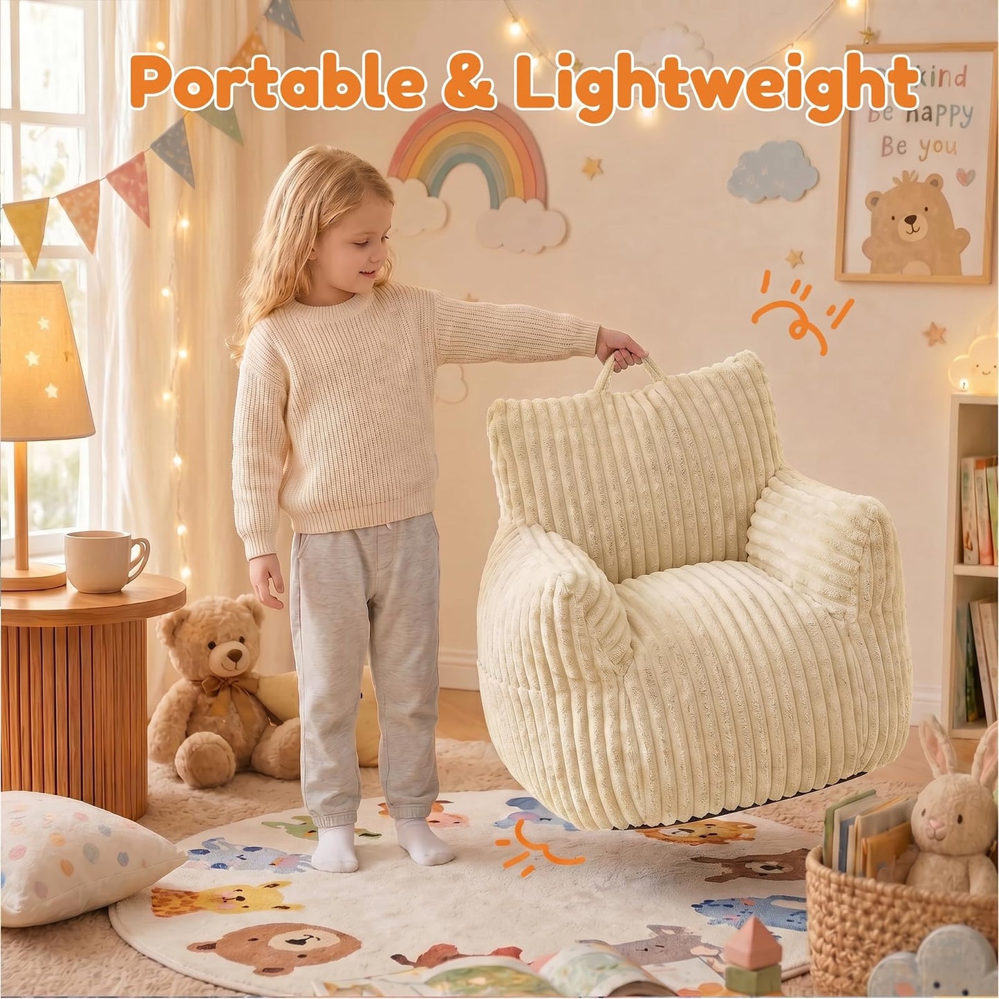 MaxiBean Bean Bag Chair - Plush Faux Fur Floor Seating Furniture Bean Bag Chair for Living Room, Bedroom, Playroom (2.5FT Stripe White)
