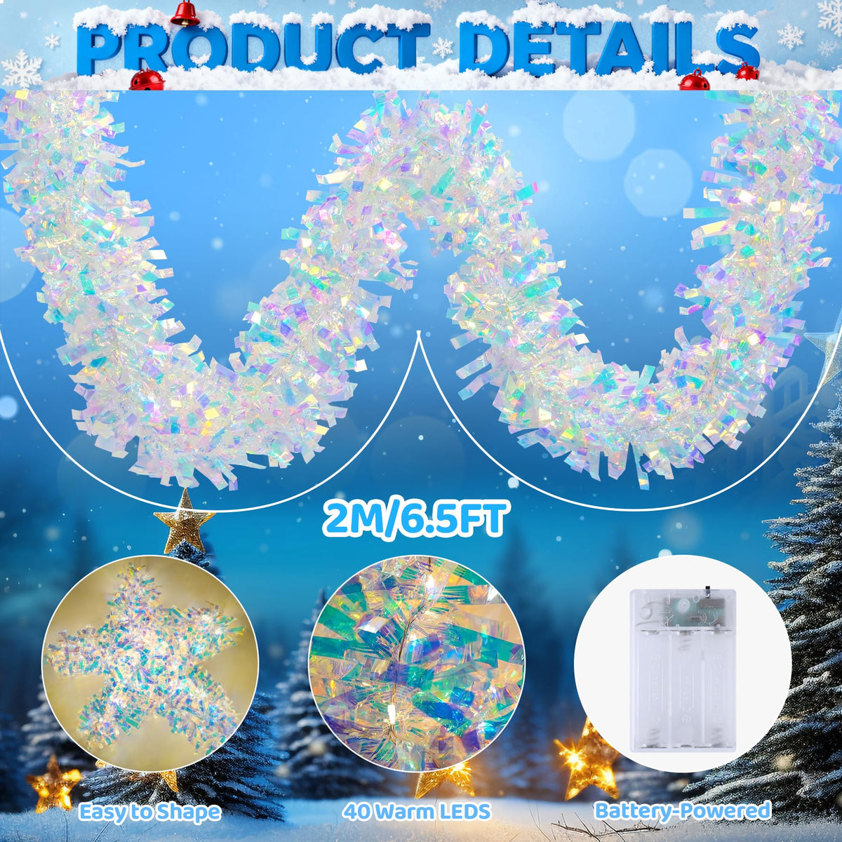 Christmas Garland with Lights, 6.5FT Iridescent Tinsel Garlands Battery Operated, Shiny Tinsel Foil Garland Indoor Hanging Home Decor, Garland for Wedding Birthday Holiday New Years Eve Party Supplies