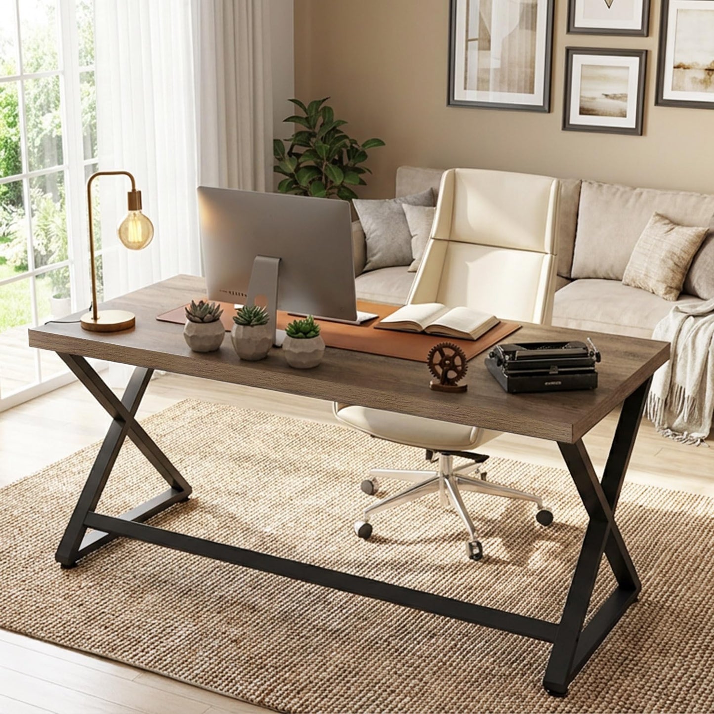 IBF 47 Inch Computer Desk, Rustic Home Office Desk for Writing, Industrial Wood Metal Executive Work Study Desk, Modern Simple PC Gaming Computer Table for Study Workstation, Rustic Oak