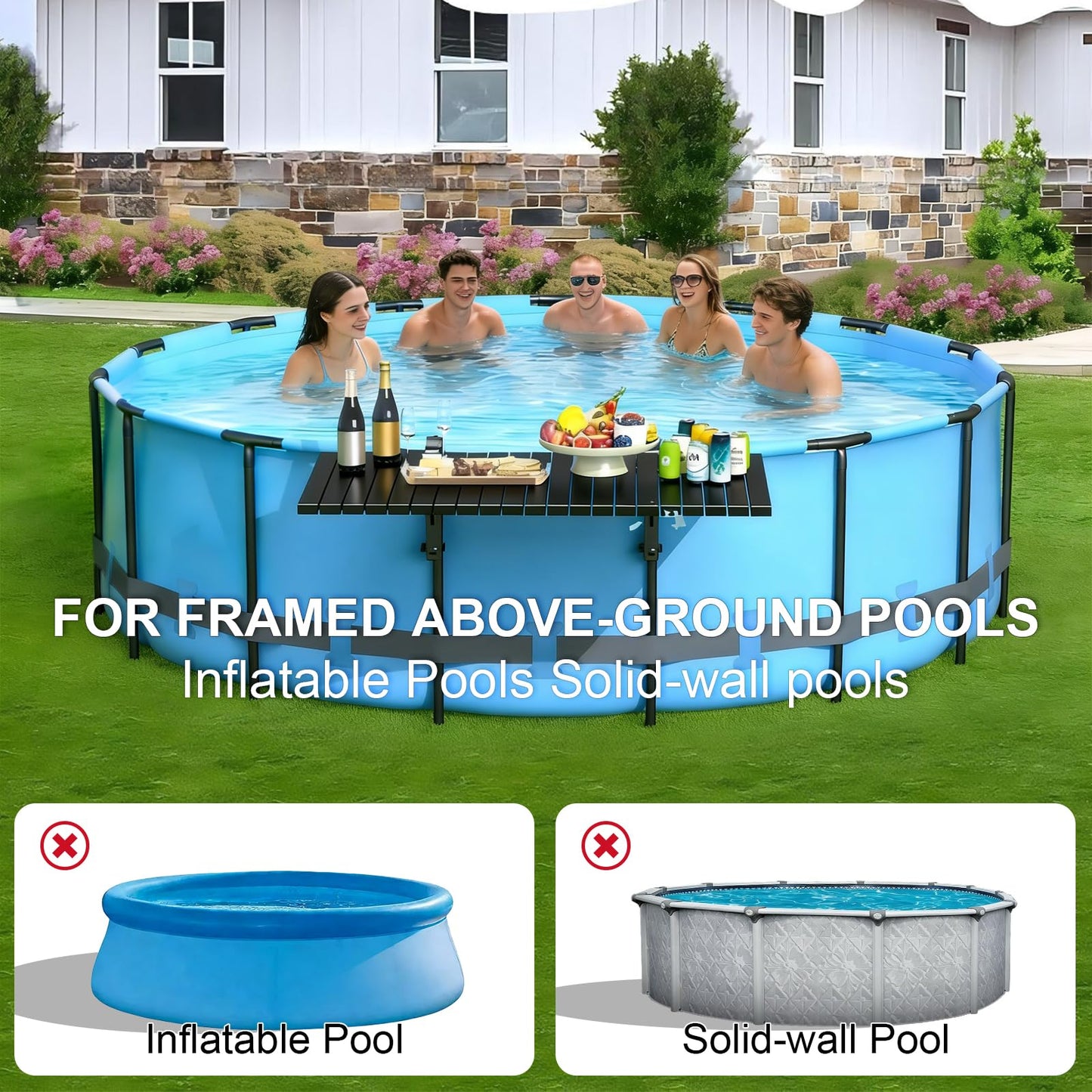 CHENG RONG Swim Up Bar Table for Above Ground Pools - 49.4"×9.6" Galvanized Iron Black Pool Shelf, Holds 110lbs, Fits Top Rails of 4.48" or Less, for Round/Oval/Frame Swimming Pools
