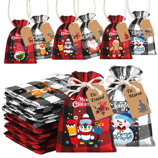 XIMISHOP 36pcs Christmas Buffalo Plaid Drawstring Burlap Gift Bags - Jute Linen Treat Candy Goodies Bags With Tags for Xmas Favors Supplies