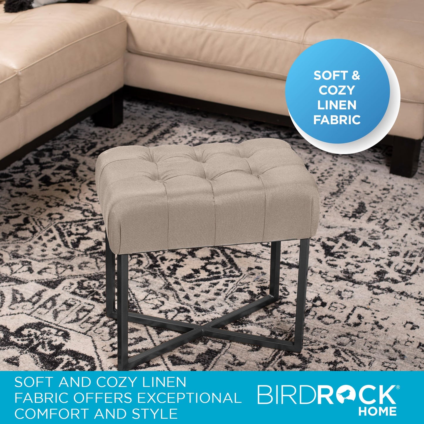 BIRDROCK HOME Rectangle Tufted Linen Ottoman Foot Rest - 19.7x11.82x17.73” Small Foot Stool with Legs - Padded Footrest Modern Ottomans for Living Room Furniture, Bedroom Footstool (Beige)