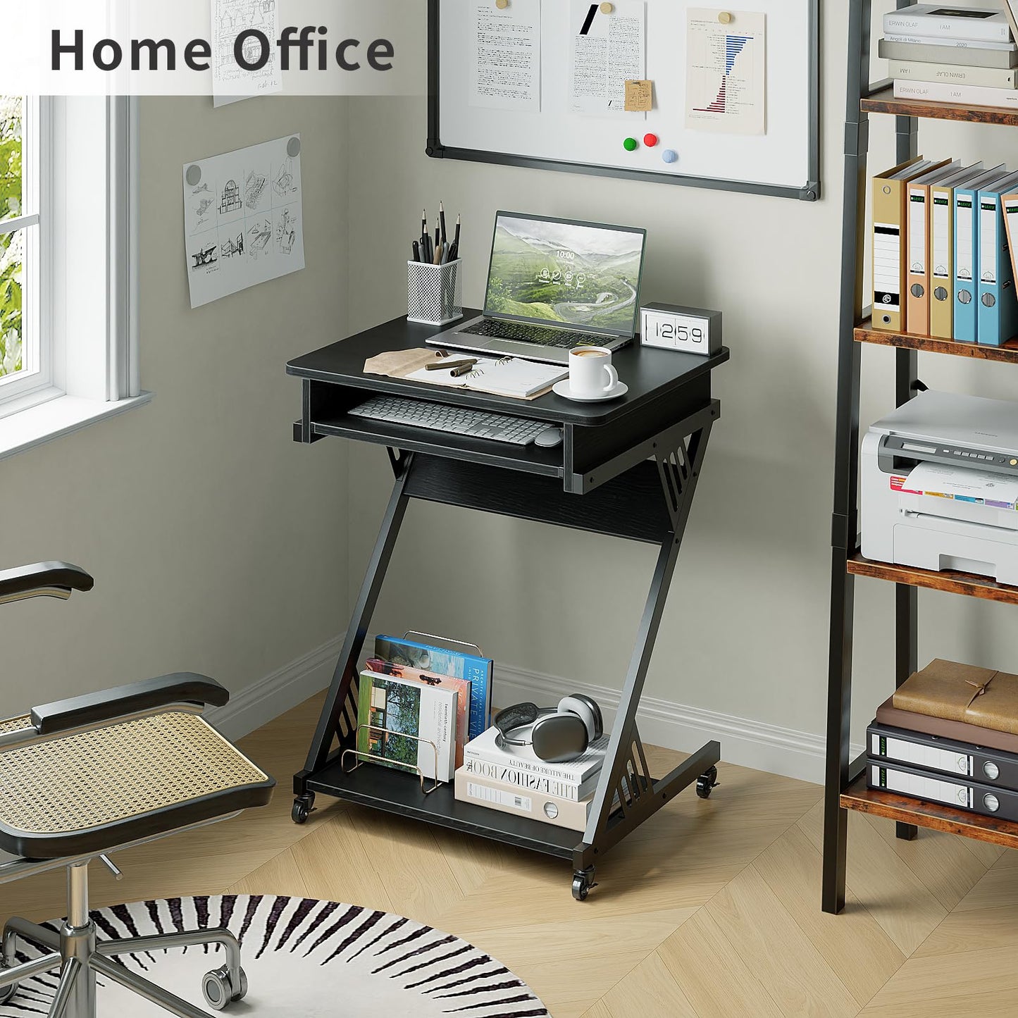 ALISENED Computer Desk for Small Spaces,23.6" Z-Shaped Compact Study Table with Smooth Keyboard Tray,with Wheels and Bottom Shelves for Home Office，Computer Cart Mobile Laptop Cart