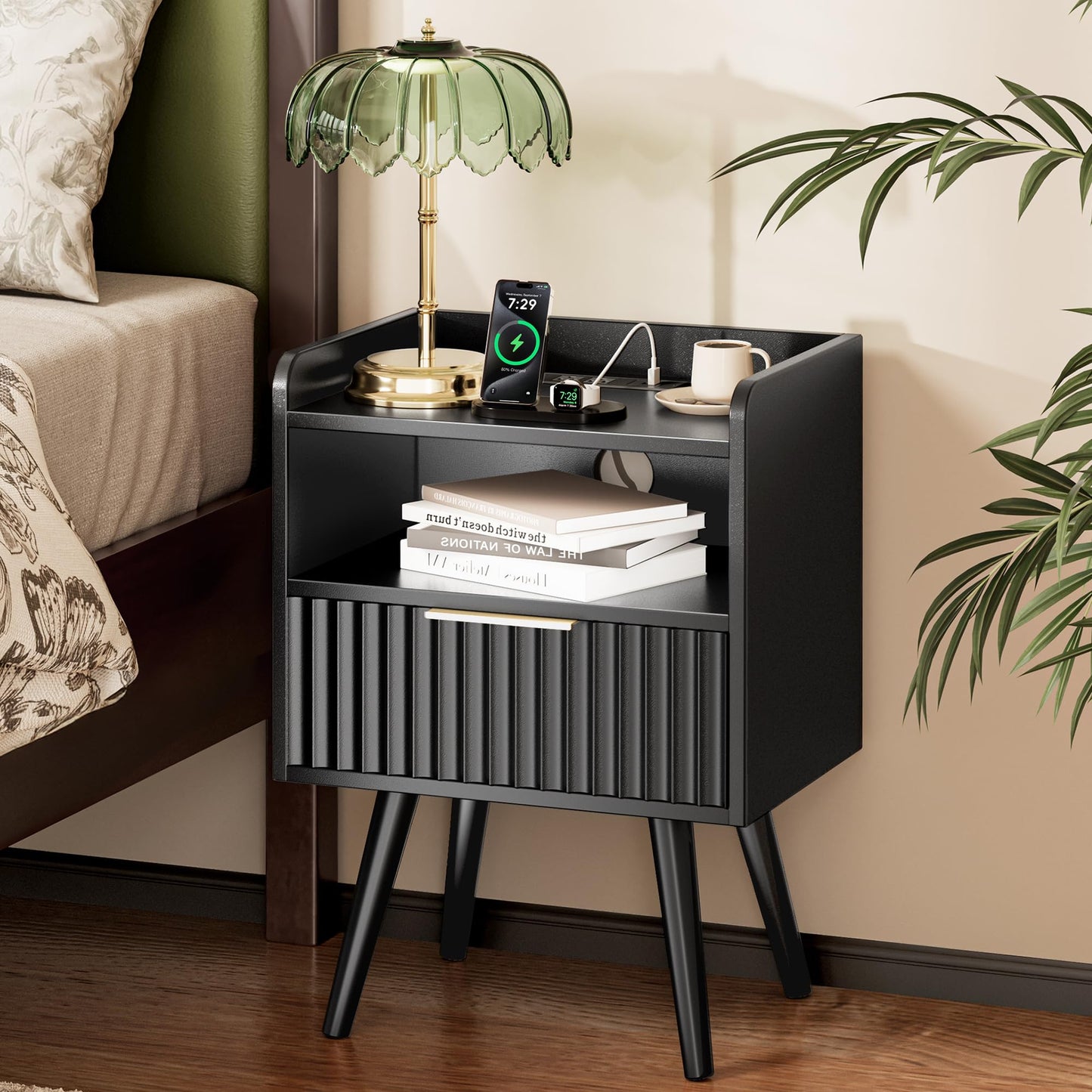 Huuger Nightstand with Charging Station, USB-C Port, Fluted Night Stand with Drawer, Bed Side Table with Solid Wood Feet, Open Storage, End Table with Raised Edge, for Bedroom, Black