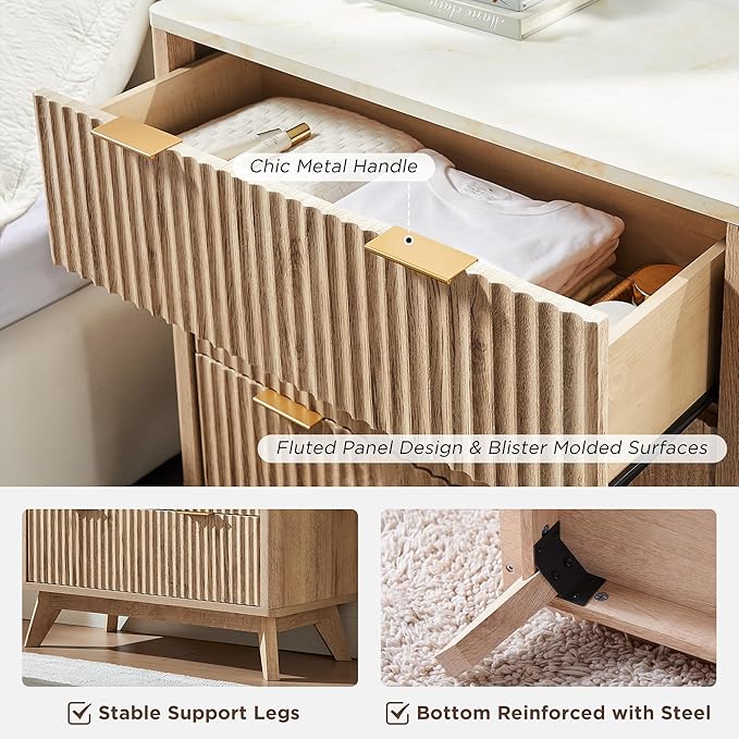 T4TREAM Fluted 3 Drawers Nightstand, Oversized Extra Large Modern Side Table