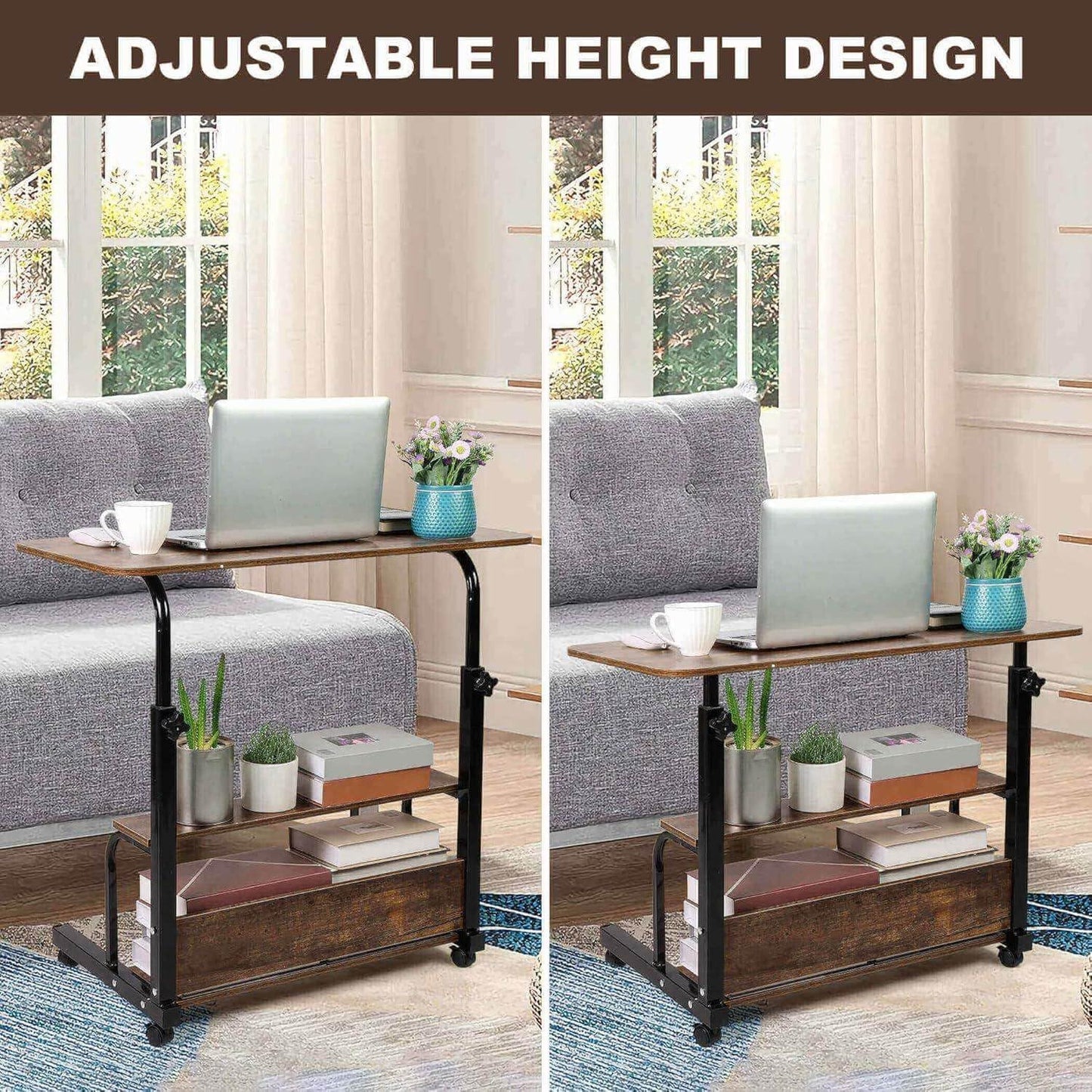 Adjustable Height Mobile Computer Desk for Small Space Rolling Writing with Wheels Corner Home Office Study Portable Desks Standing Desk Rolling Desk Mobile Laptop Table Size 31.5X15.7 Inch Brownish
