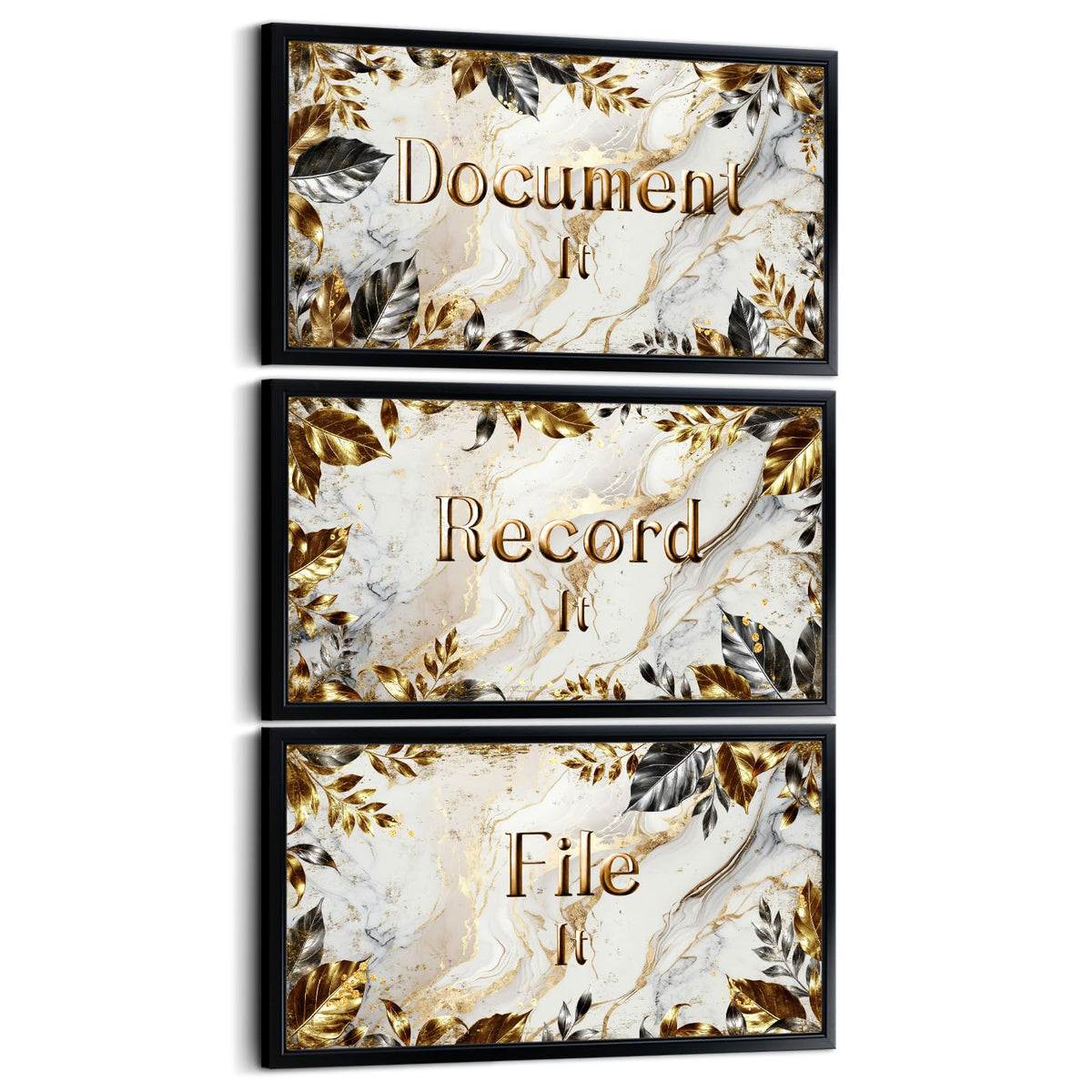 Visual Art Decor Office Decor Sign Canvas Wall Art Gold Grey Leaves Painting Black Frame Sayings Pictures Canvas Print 8"x16"x3Pcs, with Hooks Home Office Decoration for Woman and Man