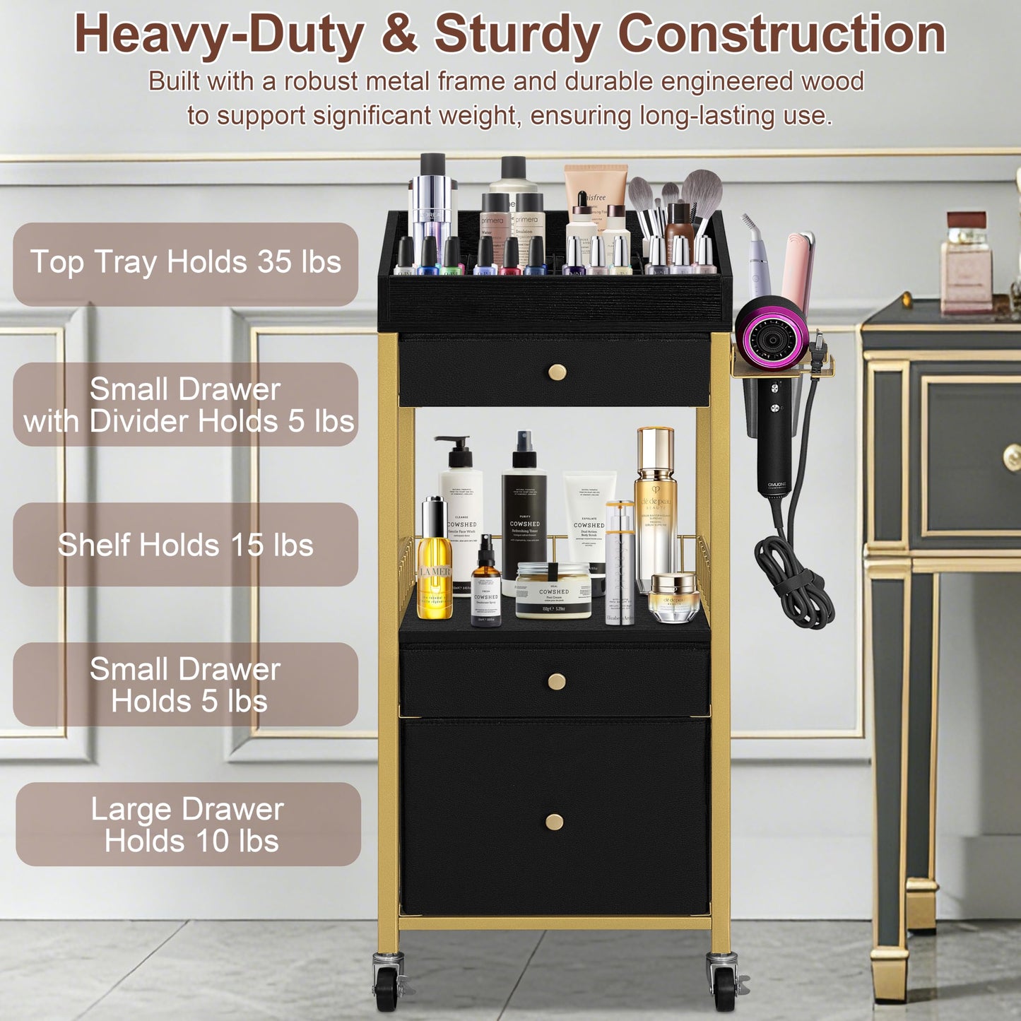 NauwaBarn Makeup Organizer Cart with 3 Drawers, Rolling Vanity Organizer with Detachable Hair Tool Holder & Wheels, Floor Makeup Storage Cart for Skincare, Perfume, Nail Polish, Gold & Black