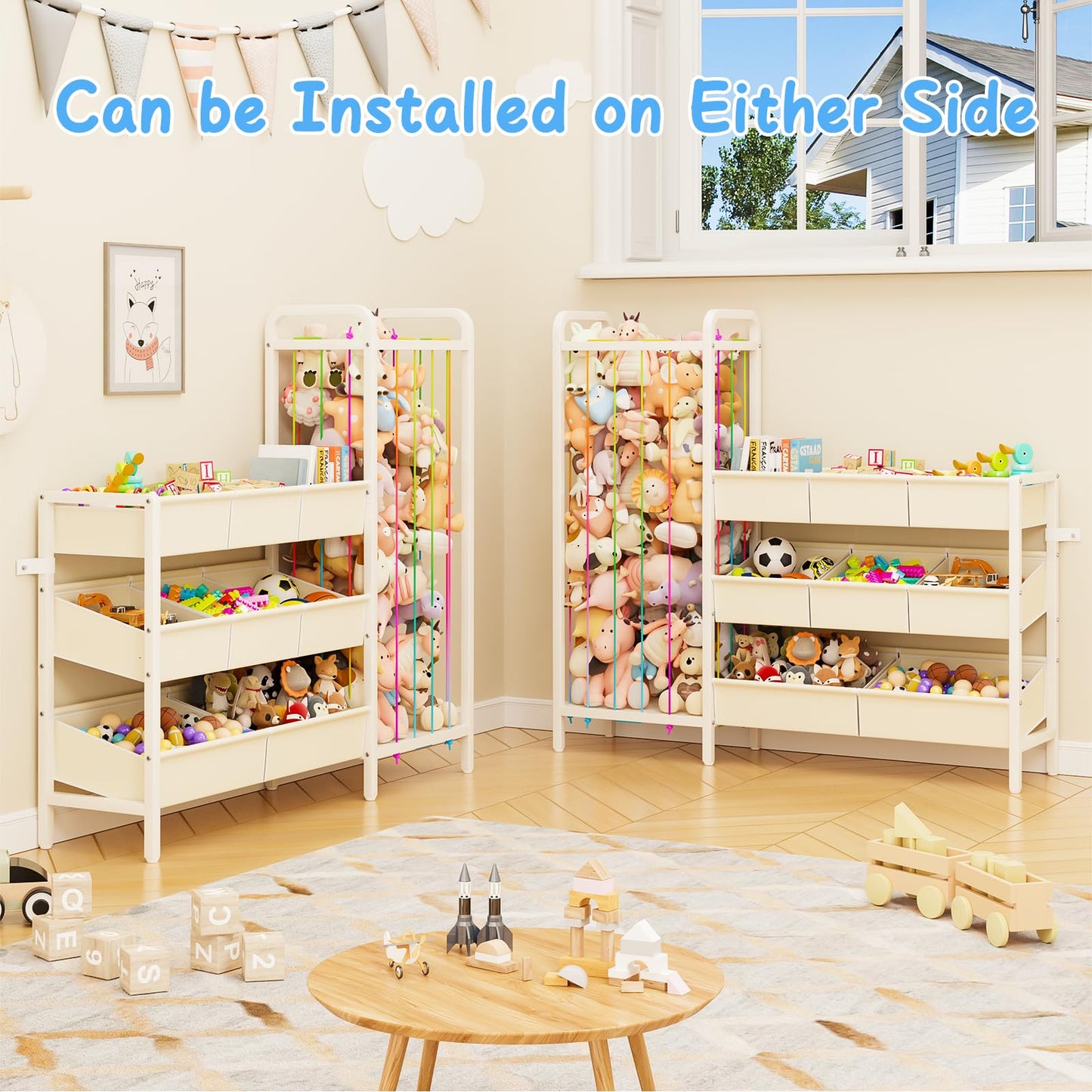 CYXPHION B6 Toy Storage Organizer with Stuffed Animal Storage, 3-Tier Wooden Shelves and 8 Bins, Toy Shelf Organizer, Kids Bookshelf and Toy Storage for Kids Room, Bedroom, Playroom, Nursery, White