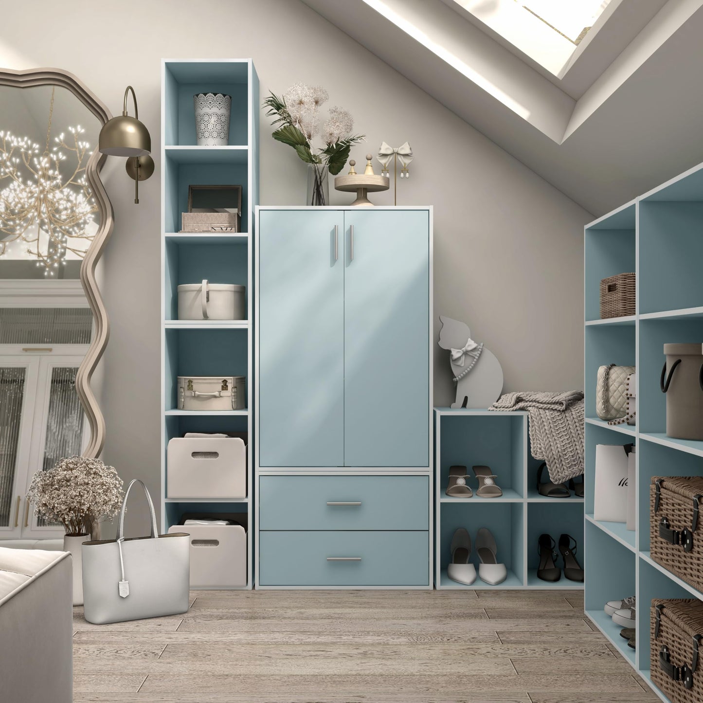 Homes: Inside + Out Apexa 3-Tier Stackable Wood Bookcase with Doors, Cube Storage Organizer Shelves, Small Food Pantry Cabinet, Dorm Teen Room Decor & Bedroom, Home Office, Kitchen, Light Blue