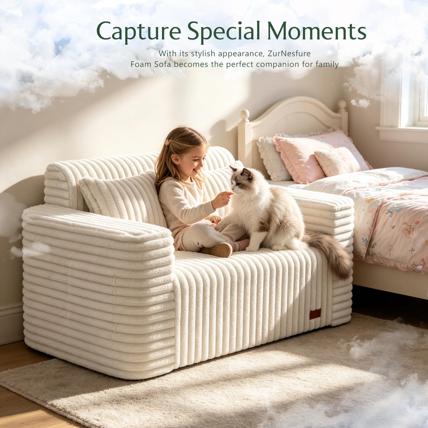ZurNesfure Sofa Couch Cloud Loveseat, Memory Foam Couch with Pillow No Assembly Need, Modern Couch with deep seat and Washable Cover Boneless Sofas for Living Room Bedroom Apartment (White,Loveseat)