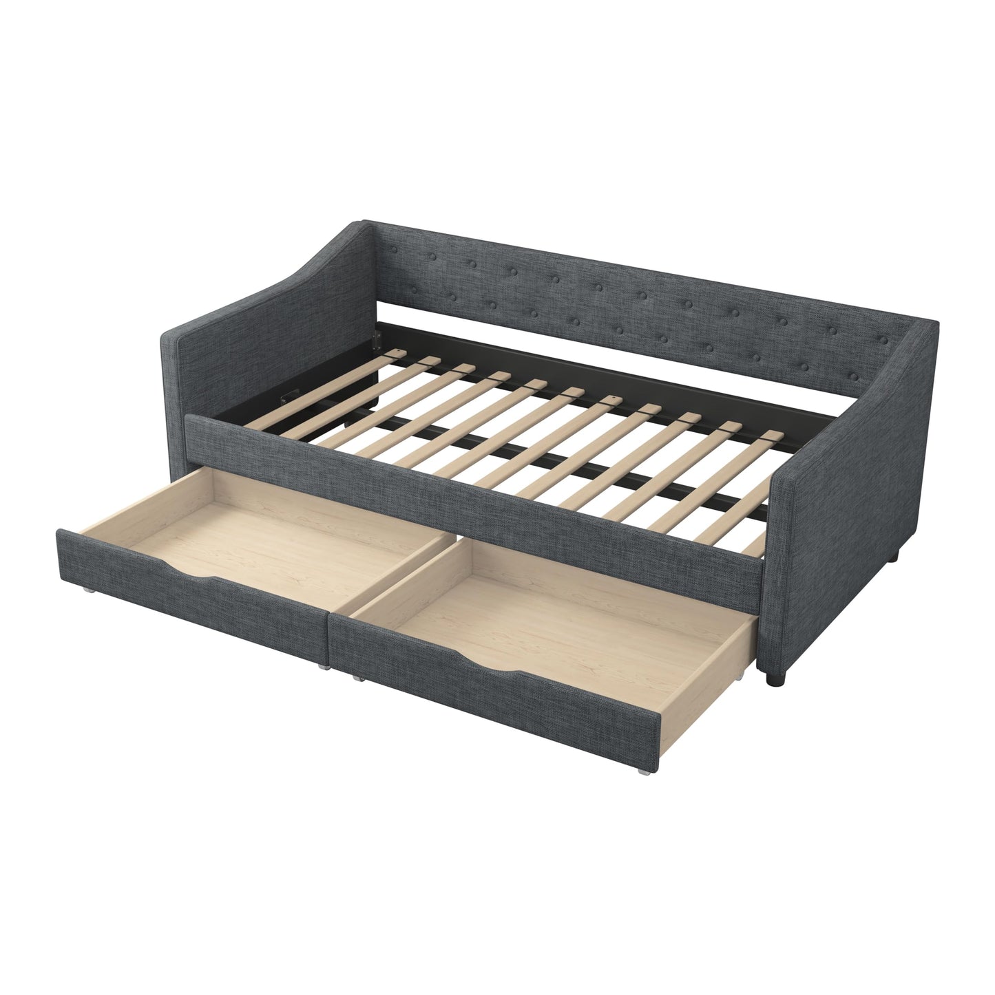 Ball & Cast Twin Size Daybed with Storage Drawers,Linen Upholstered Day Bed Frame with Button Tufted Back and Waved Shape Arms for Bedroom,Guest Room,No Box Spring Needed,Dark Grey