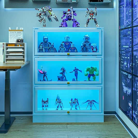 Display Cabinet with Acrylic Glass Doors, 3-Tiers Curio Cabinet with LED