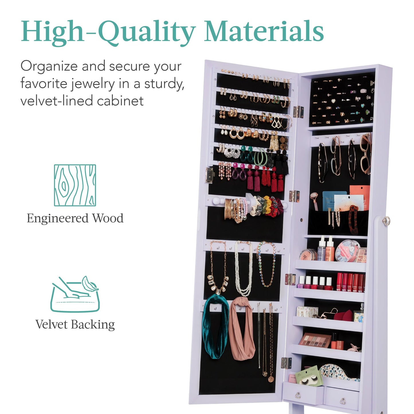 Best Choice Products Freestanding Jewelry Armoire Cabinet, Full Length Standing Mirror, Lockable Makeup Storage Organizer, w/Velvet Lining, 3 Angles, Lock, Accessory Pouch, 5 Shelves - Lavender