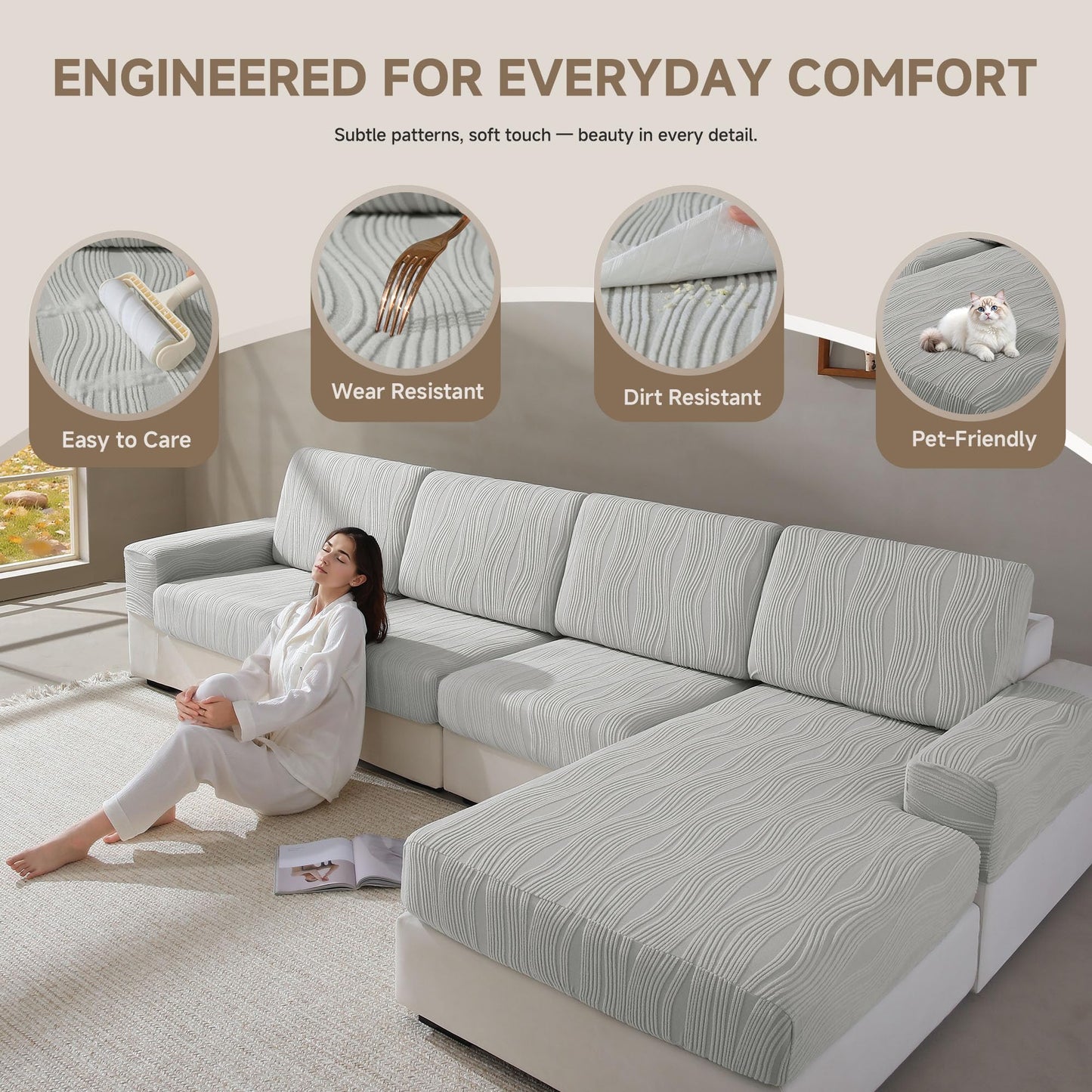 QIANMEW Couch Cushion Covers, Super Stretch Washable Sofa Slipcovers for L Shaped & Modular Seats, Pet-Friendly Furniture Protector with Stripe Design, (1 Seat Cover XL, Light Gray)