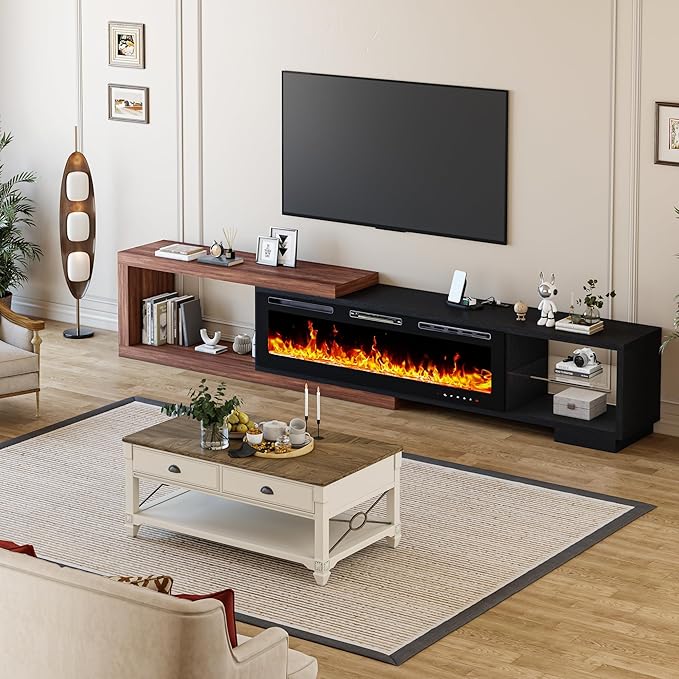 Extendable TV Stand with 50" Electric Fireplace, Modern LED Entertainment