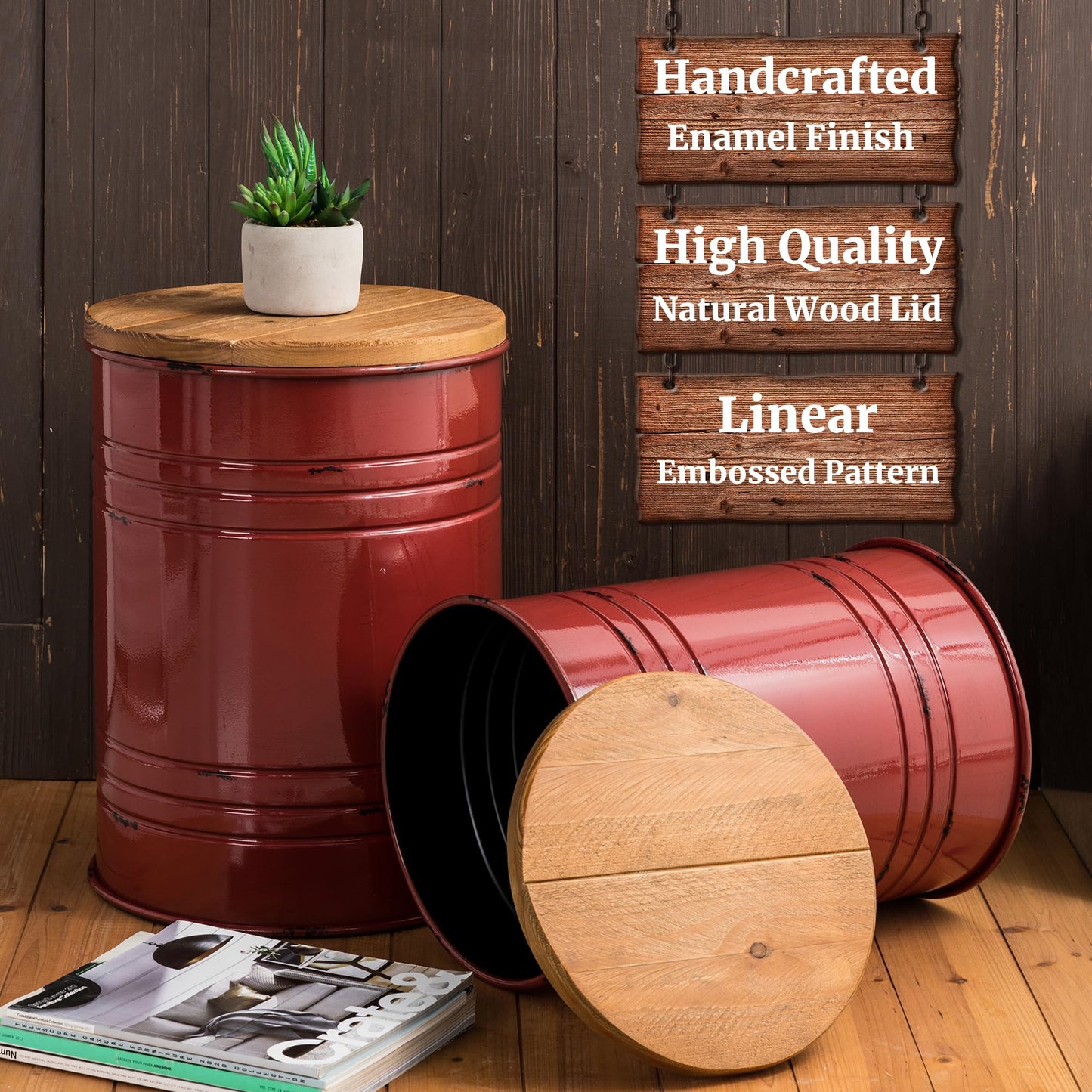 Glitzhome Rustic End Table Set of 2, Farmhouse Galvanized Metal Barrel Ottoman Storage Stool with Round Wood Lid for Living Room Furniture, Red