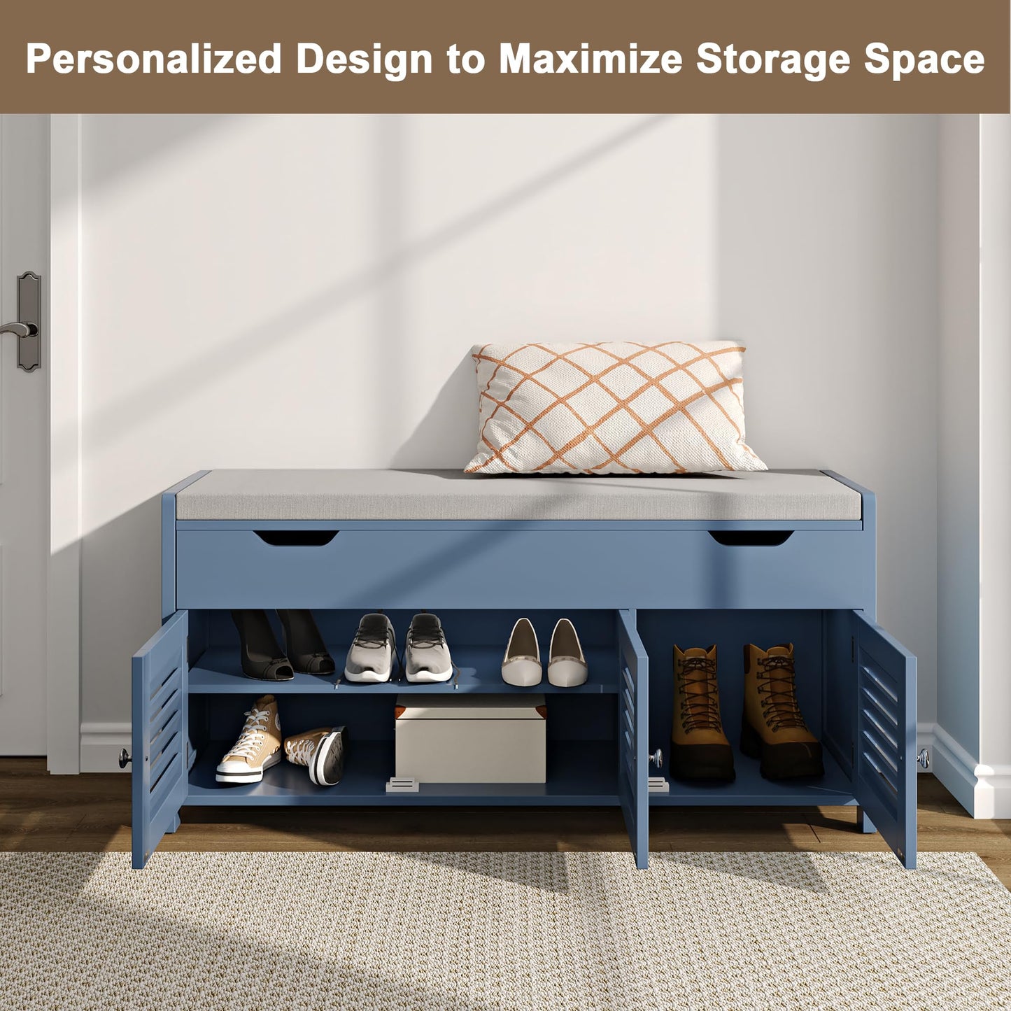 ChooChoo 41.3" Shoe Storage Bench with Lift Top Storage, Entryway Bench with Cushioned Seat, Adjustable Shelf, Shoe Cabinet with Hidden Space, for Entryway, Bedroom, Living Room, Blue
