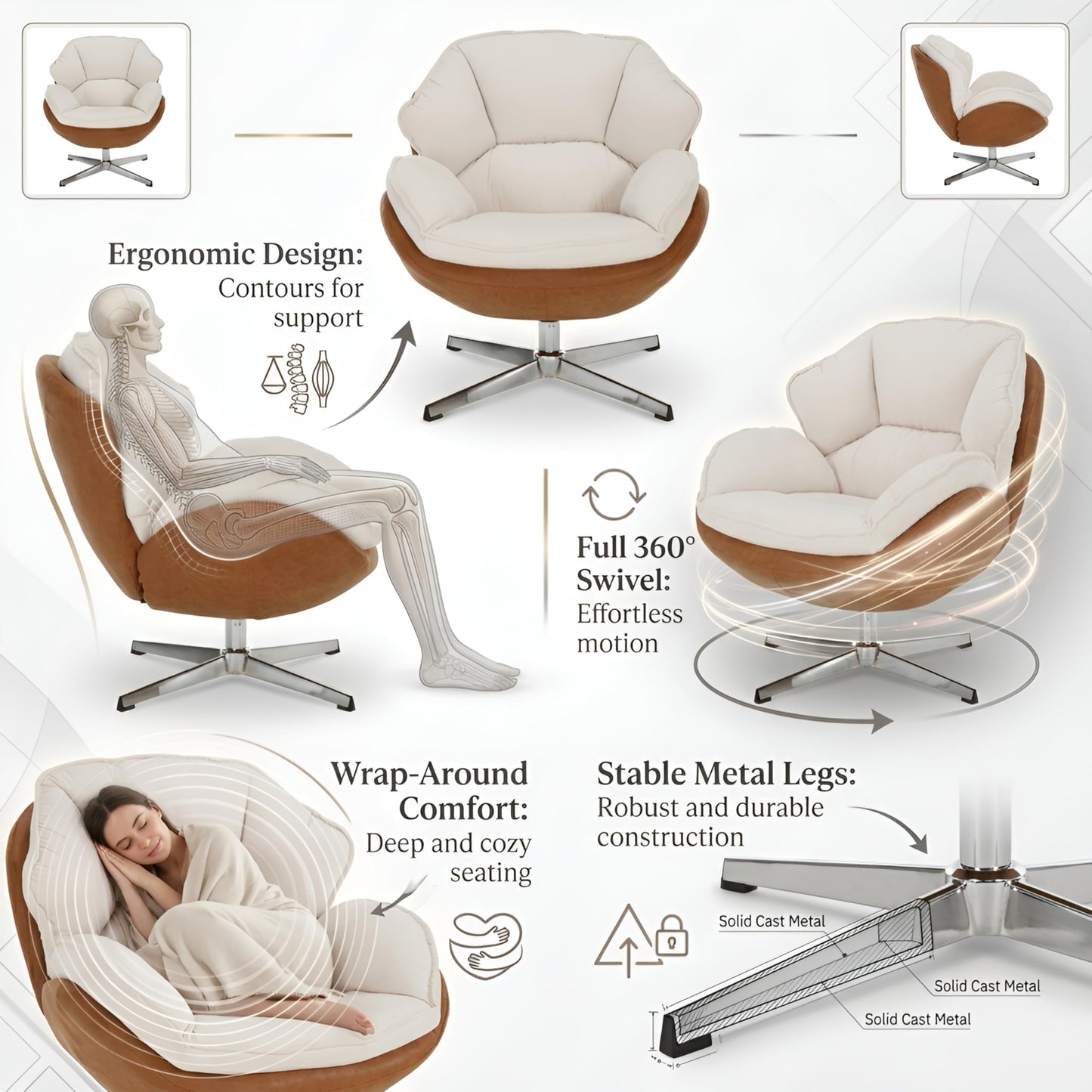 BESTANO Swivel Accent Chair, Chenille Upholstered Modern Living Room Chair with Backrest 360 Degree Metal Base Armless Reading Chair for Bedroom, Beige