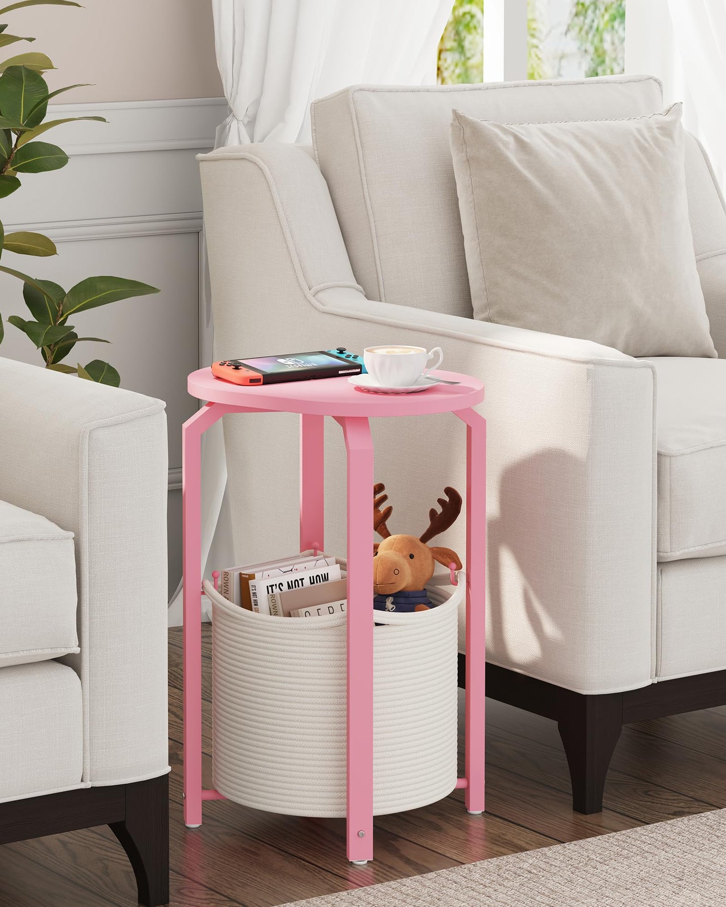 TUTOTAK Set of 2 Oval End Tables with Woven Storage Baskets, Pink Small Side Tables for Living Room, Bedroom, Pink TB01BP0932