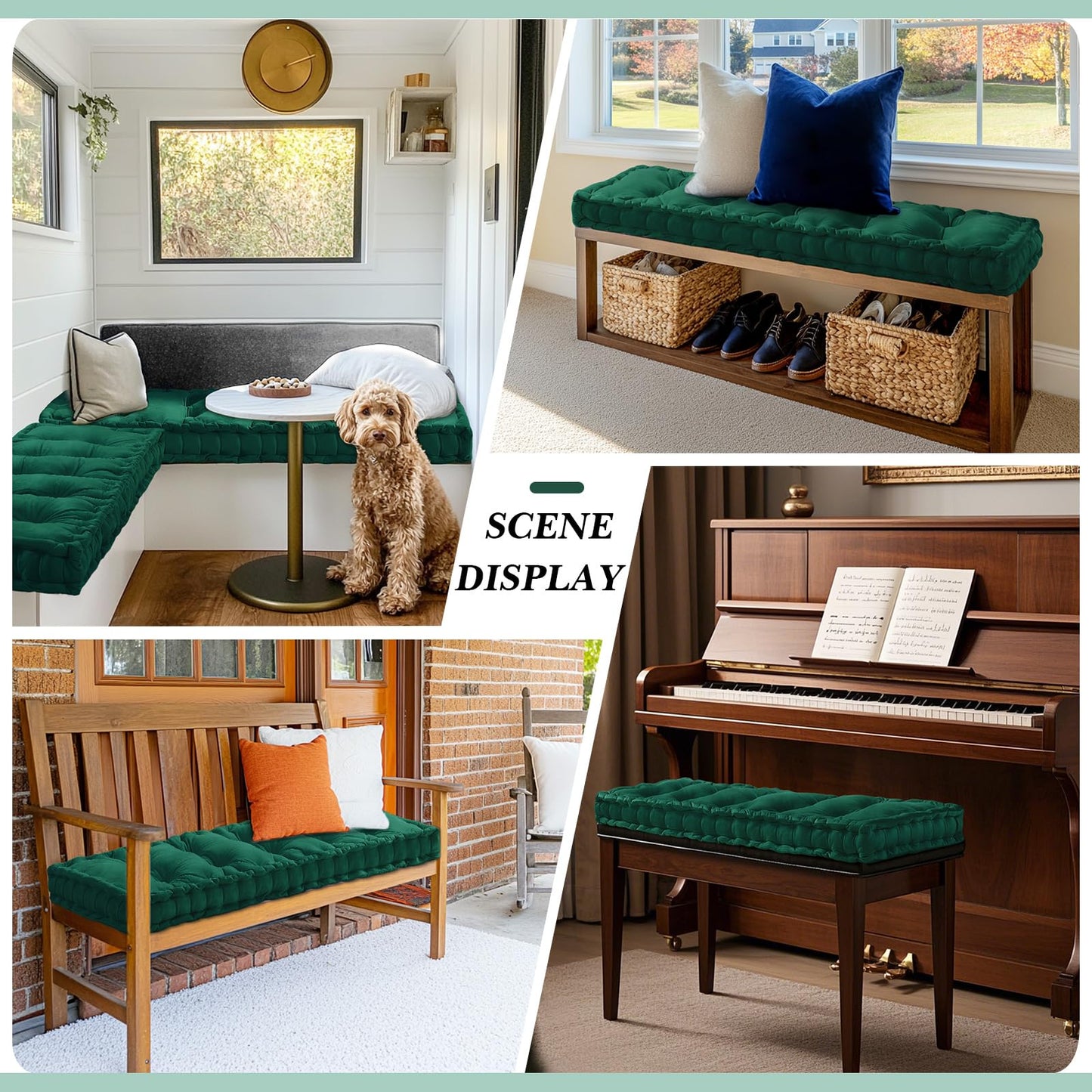 Threehoney Bench Cushions for Indoor Furniture 42x16 in Velvet Kitchen Dining Piano Window Seat Cushion, Tufted Patio Porch Swing Thicken Bench Pad Memory Foam for Christmas Home Decor(Dark Green)