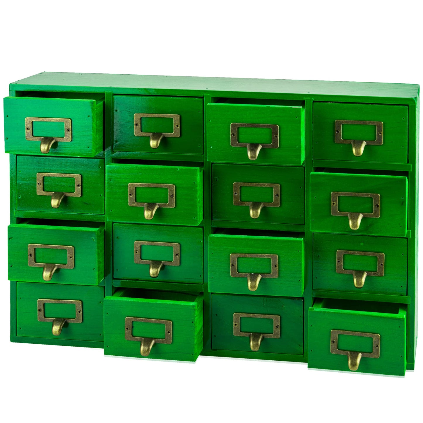 Emerald Green Wood 16-Drawer Apothecary Small Cabinet - 20"x3.6”x14” Card Catalog Style Table Top Organizer - Wooden Storage Box w/16 Drawers - 4-Level Countertop Organizer w/Label Holders & Handles
