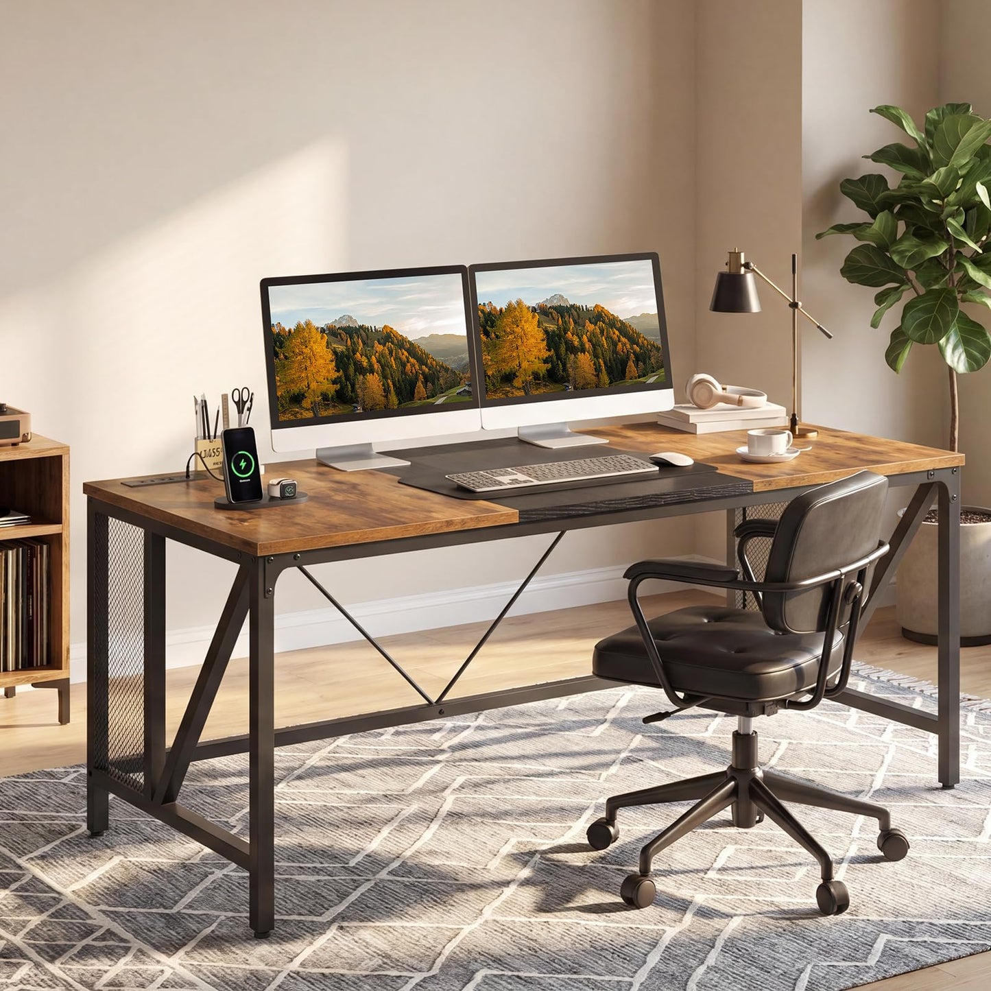 YATINEY 63" Computer Desk with Power Outlets, Gaming Desk, Large Office Executive Desk Workstation, Business Furniture for Home Office, Study, Rustic Brown and Black DN16UBR