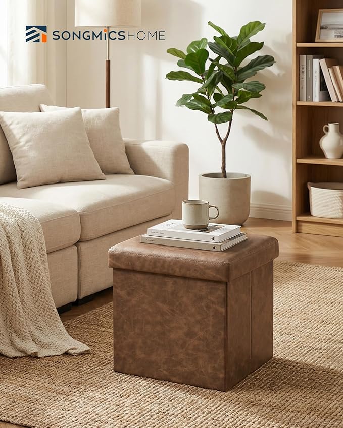 SONGMICS HOME Storage Ottoman, Removable Lid, Foldable Foot Stool, PU Leather