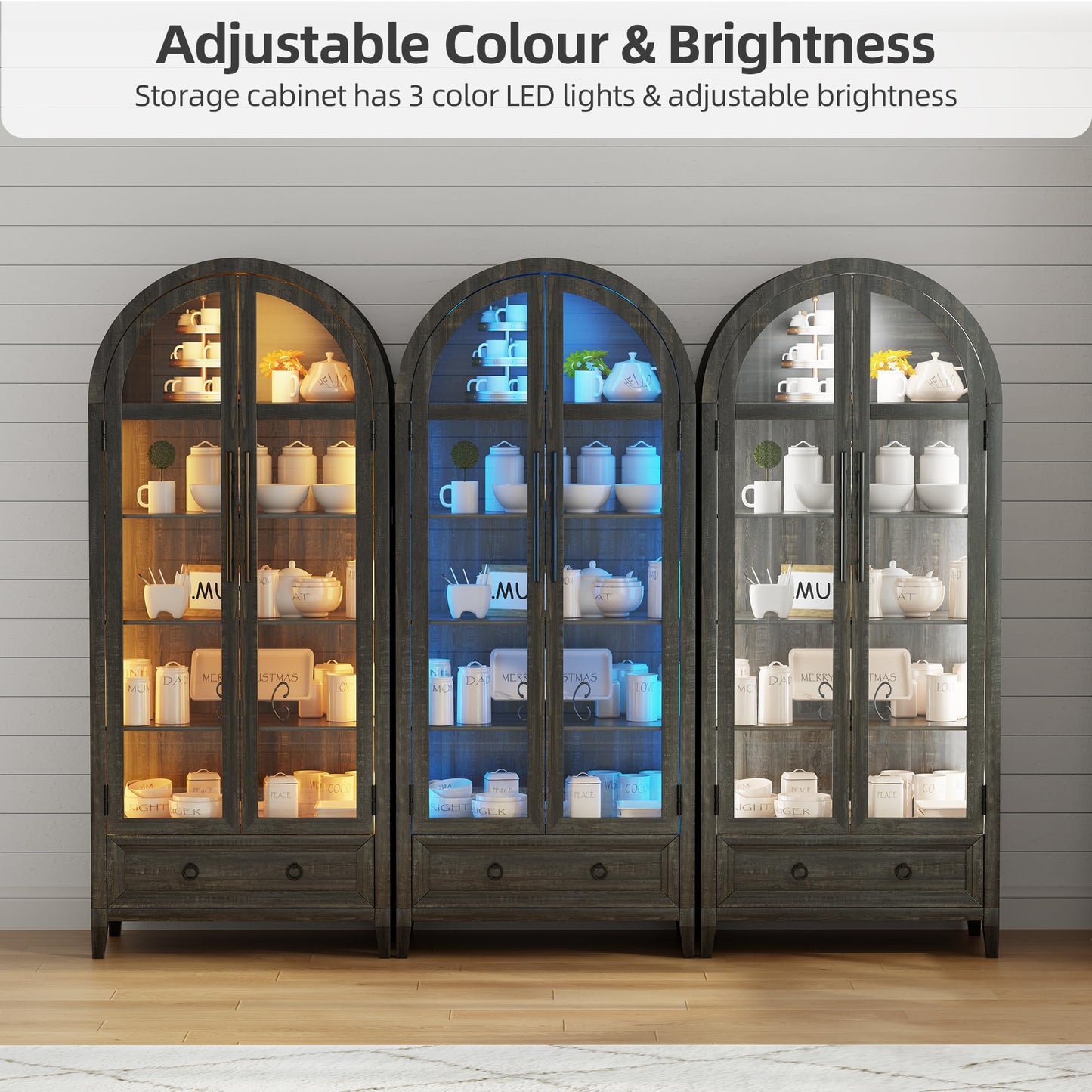 MDGC Glass Display Cabinet with Glass Doors, 4-Tier Curio Cabinet with Shelves and a Drawer,73" Inch Tall LED Display Case for Collectibles,LED Bookcase for Bedroom Living Room Office,Black White