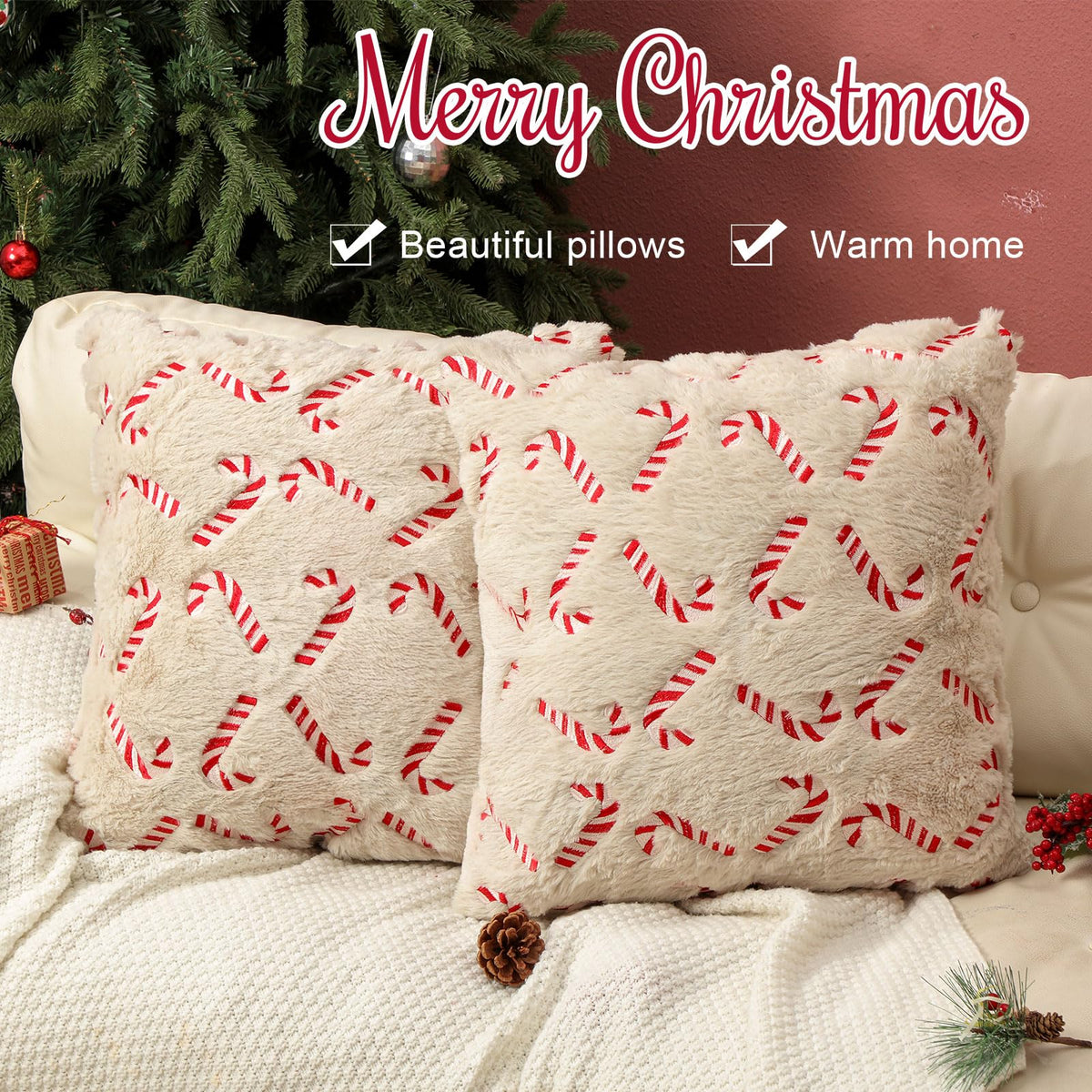Tranqun 4 Pcs Christmas Candy Cane Throw Pillow Covers 20x20 Inch Xmas Red Candy Embroidery Pillowcases Fluffy Christmas Cane Decorative Cover for Winter Holiday Farmhouse Living Room Sofa Car Decor
