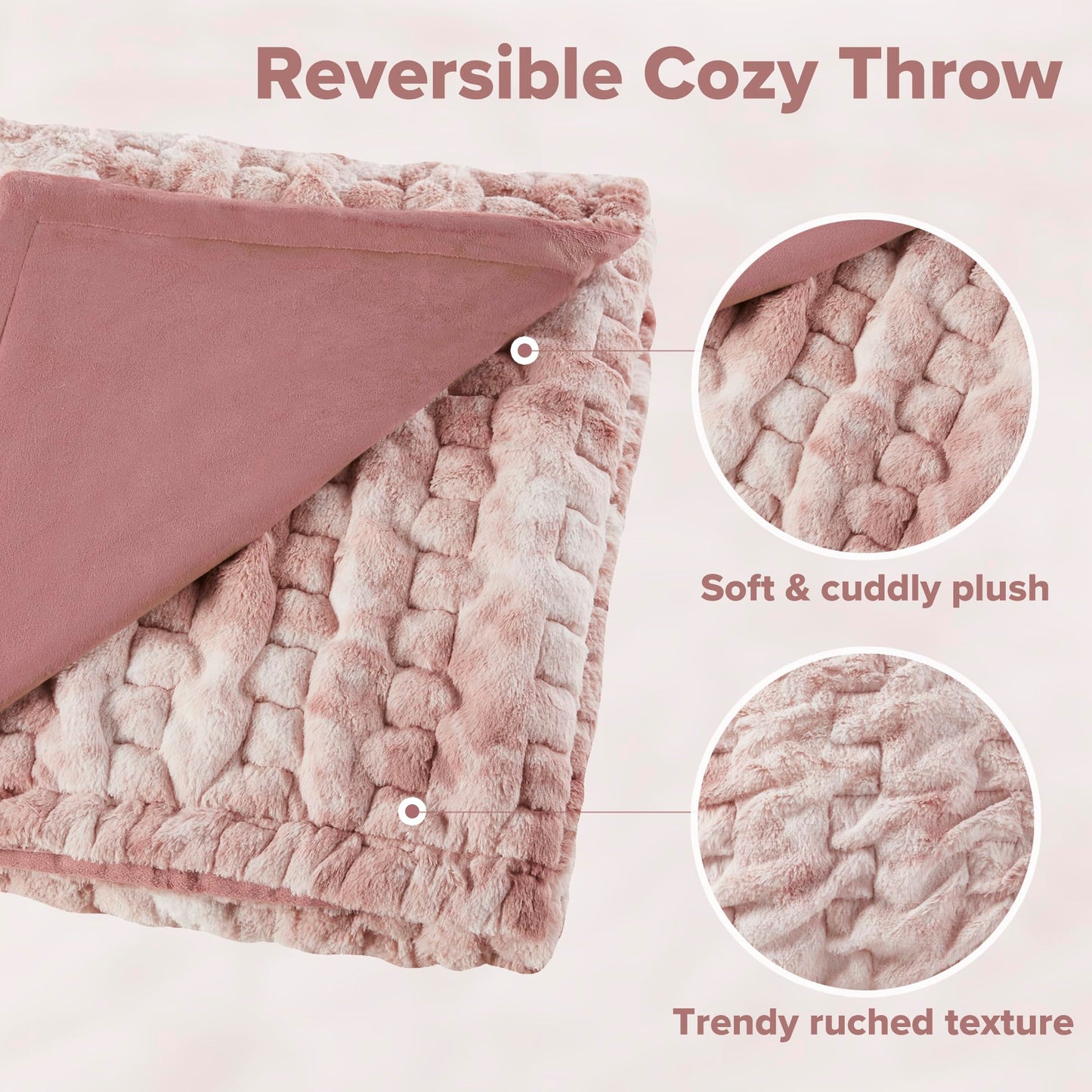 Comfort Spaces Ruched Faux Fur Plush Throw Blanket and Pillow Set with 2 Matching Square Pillow Covers Sofa Throw Blanket for Living Room, Chair, Couch, Home Office Fuzzy Soft Blush Tie Dye 50"x 60"
