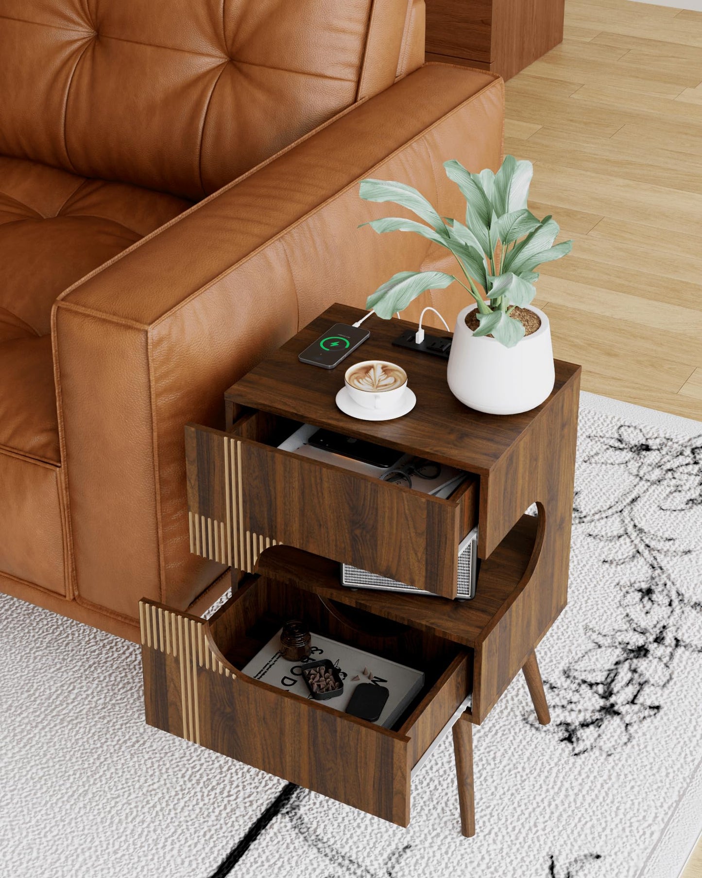 JOONEE Nightstand with Charging Station and LED Lights,Modern Bedside Table with 2 Storage Drawer,Night Stand with Solid Wood Legs,White (Walnut Brown)