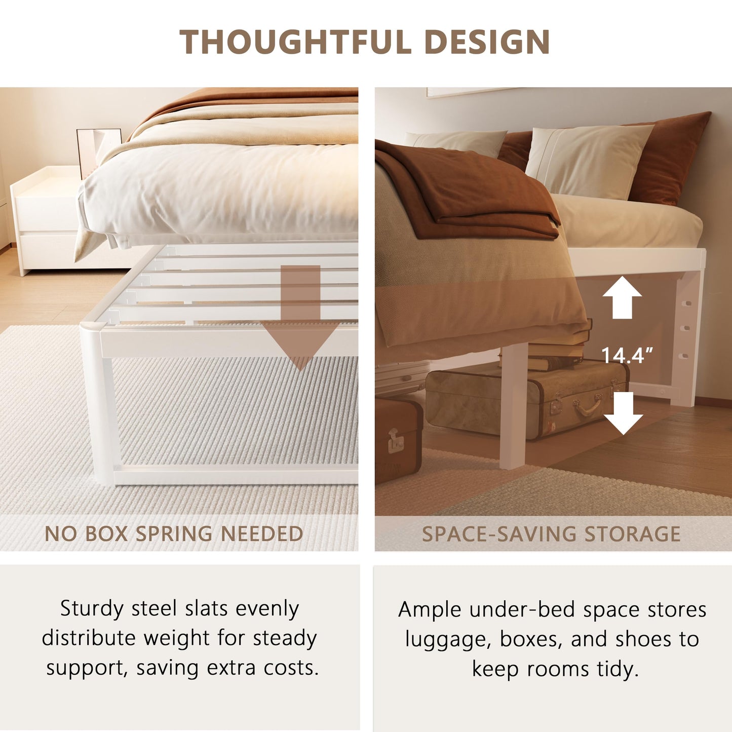 ZTH Full Size Metal Platform Bed Frame 16 in, No Box Spring Needed, White