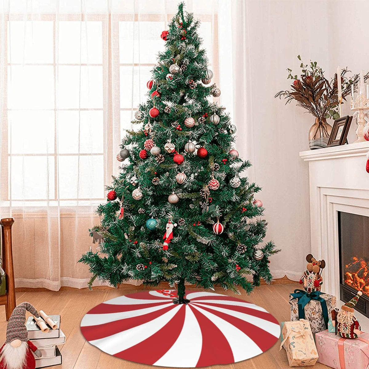 Swirl Christmas Tree Skirt 36 Inch Sweet Candy Cane Red and White Mat Funny Party Holiday Festive Decor Supplies for Home Occasion Ornament Decorations