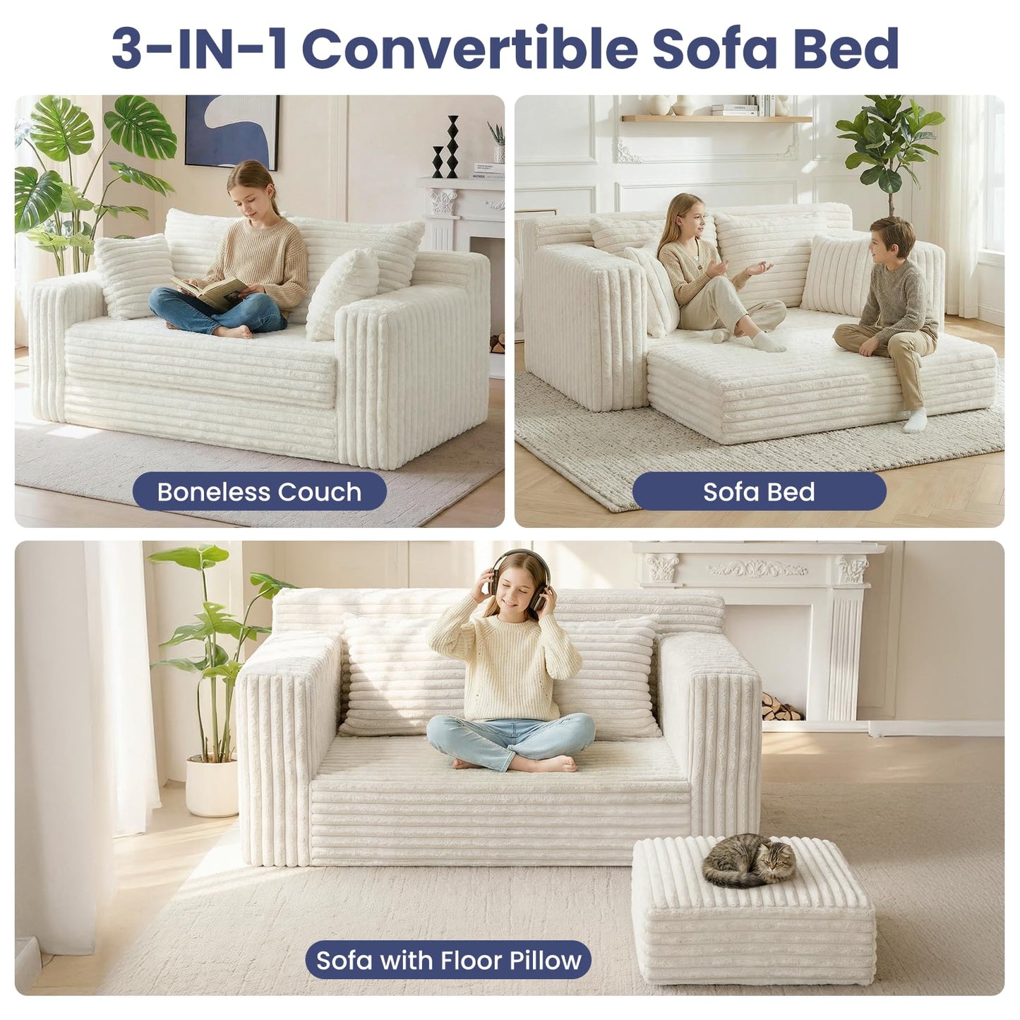 Winzoo 3-in-1 Convertible Sofa Bed: Boneless Loveseat Sleeper & Folding Couch Bed with 4 Pillows & Detachable Cushion,Furry Futon Couch for Bedroom,Apartment,Office and Living Room, No Assembly,Beige