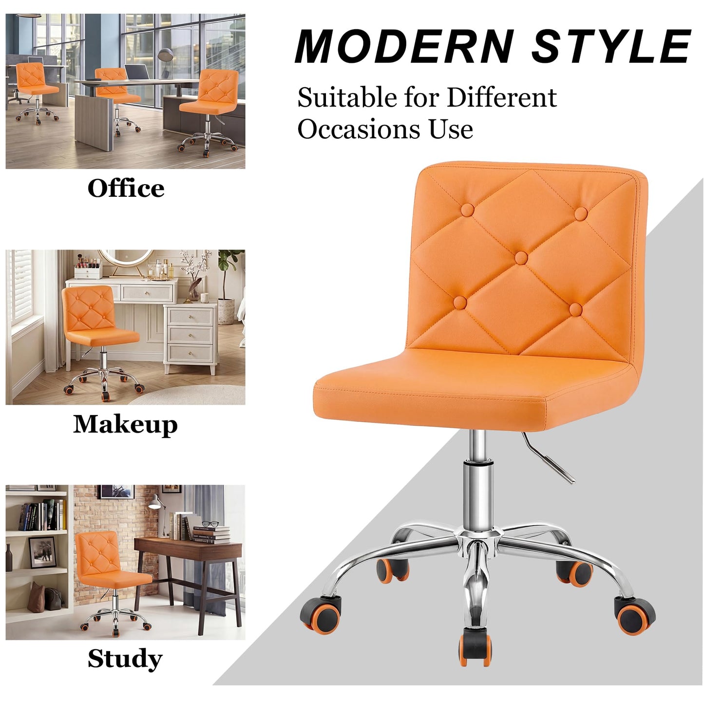 VECELO PU Leather Mid-Back Armless Vanity Chair Adjustable Height 360° Rolling Swivel for Home Office Work